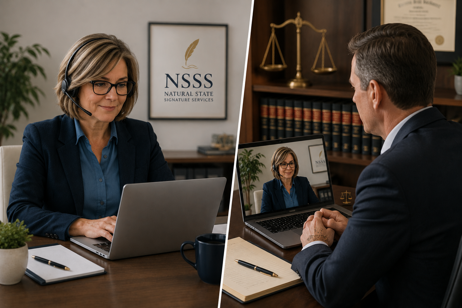 Professional video meeting between an Arkansas attorney and Natural State Signature Services discussing Remote Online Notary services, estate planning execution, and ongoing attorney partnership support.