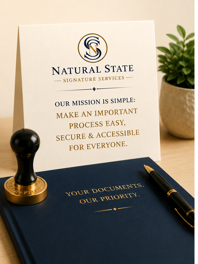 A desk scene with a white sign promoting Natural State Signature Services, a blue notebook with gold text, a black and gold pen, a black wax seal stamp with a gold base, and a small potted green plant in the background.