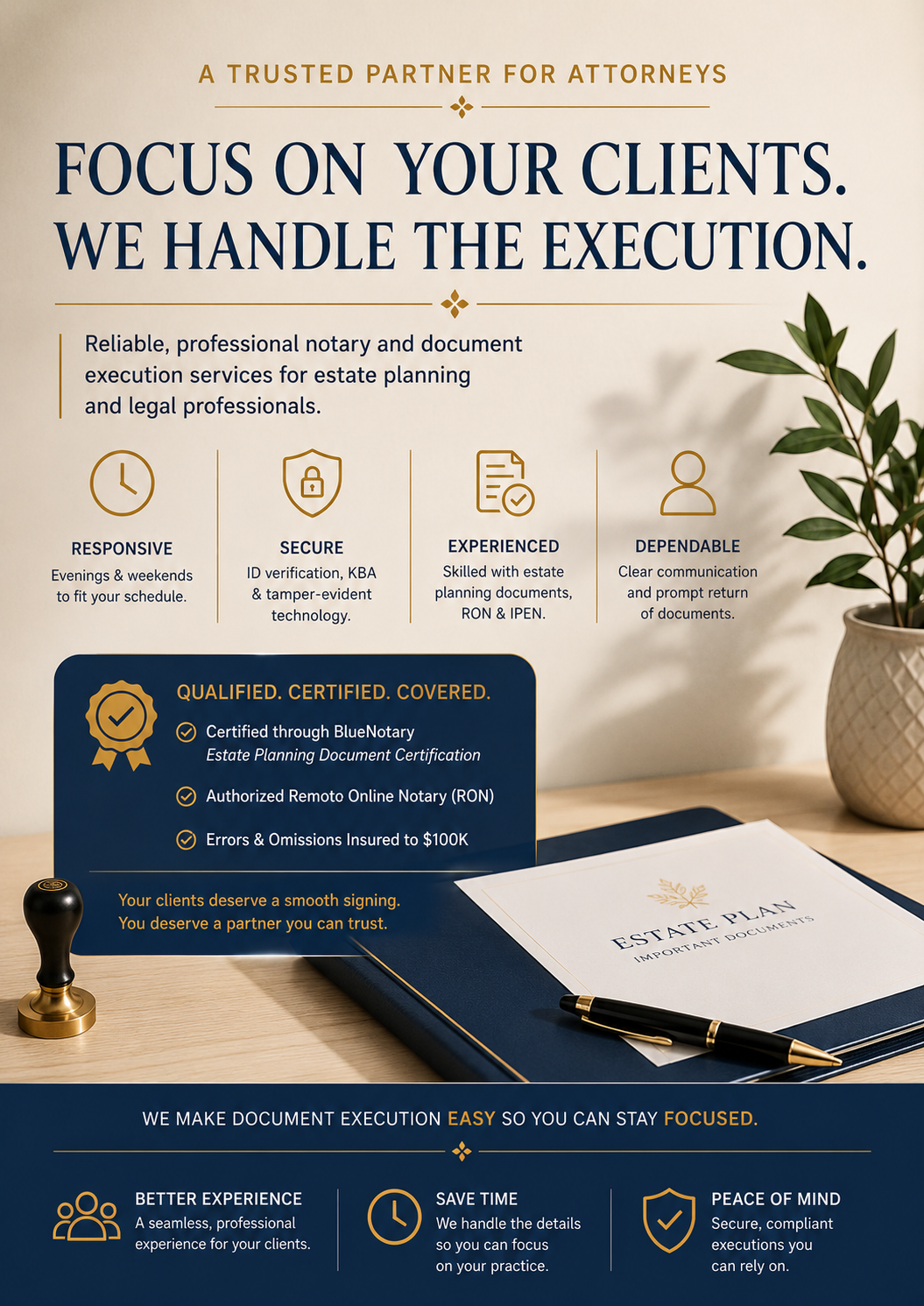 Estate documents on a desk promoting remote online notarization by a trusted notary who is E&O insured $100k and certified by Bluenotary in estate plan document signings.