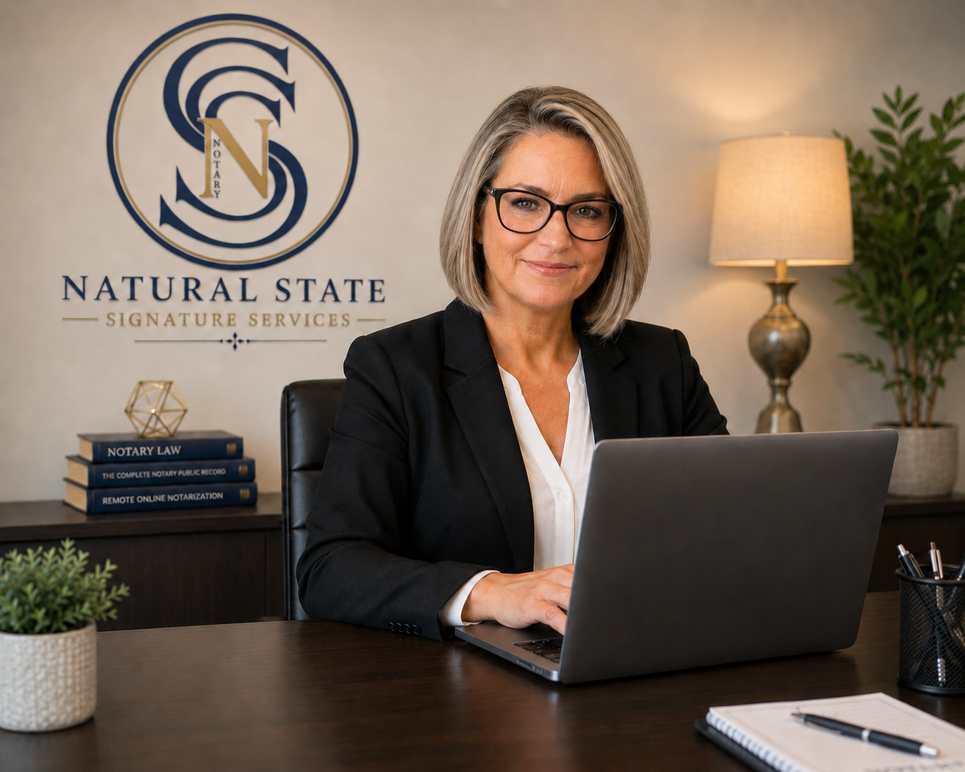Woman sitting at desk performing a remote online notarization that was quick and easy.