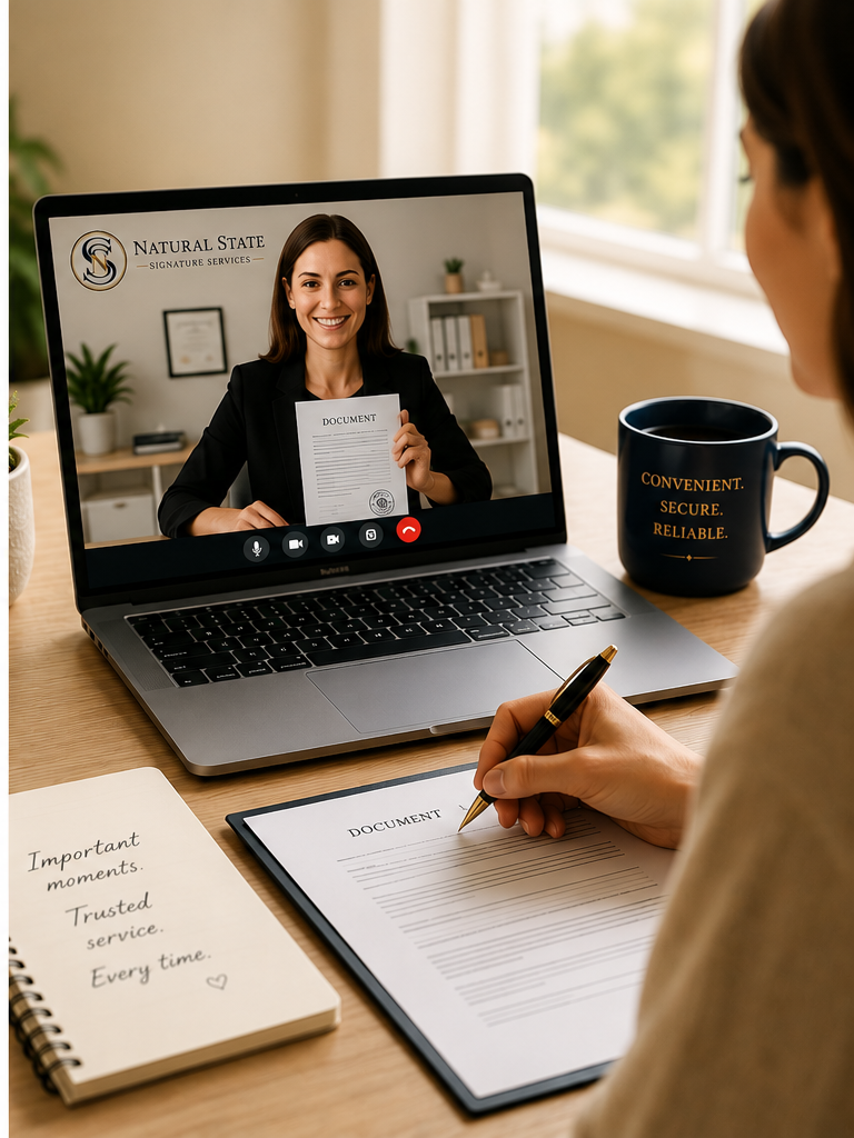 A woman participating in a video call with a smiling woman on the computer screen, holding a document, with a notebook and pen on the desk. The desk has a mug reading 'CONVENIENT. SECURE. RELIABLE.' and is in a well-lit room.