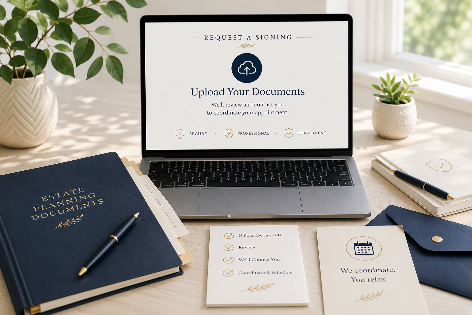 A lap top with estate plan documents present prompting to upload documents for remote online notarization.