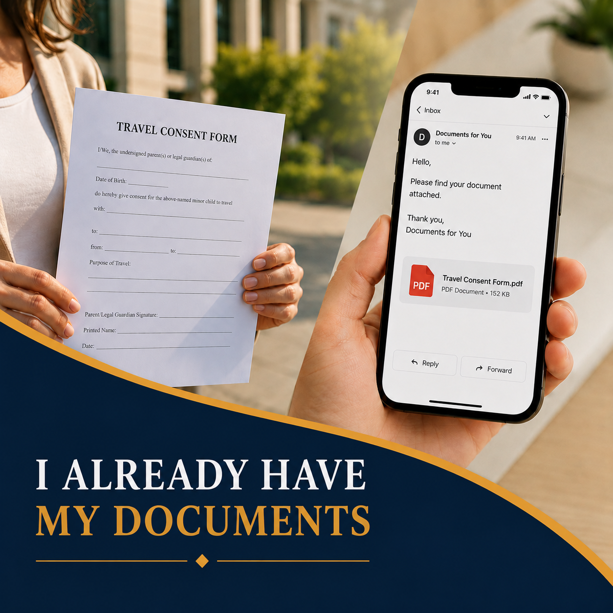 Person holding a completed travel consent form beside a smartphone displaying the same PDF by email, reepresenting Arkansas Remote Online Notary services for completed legal documents ready for secure online notarization and execution.