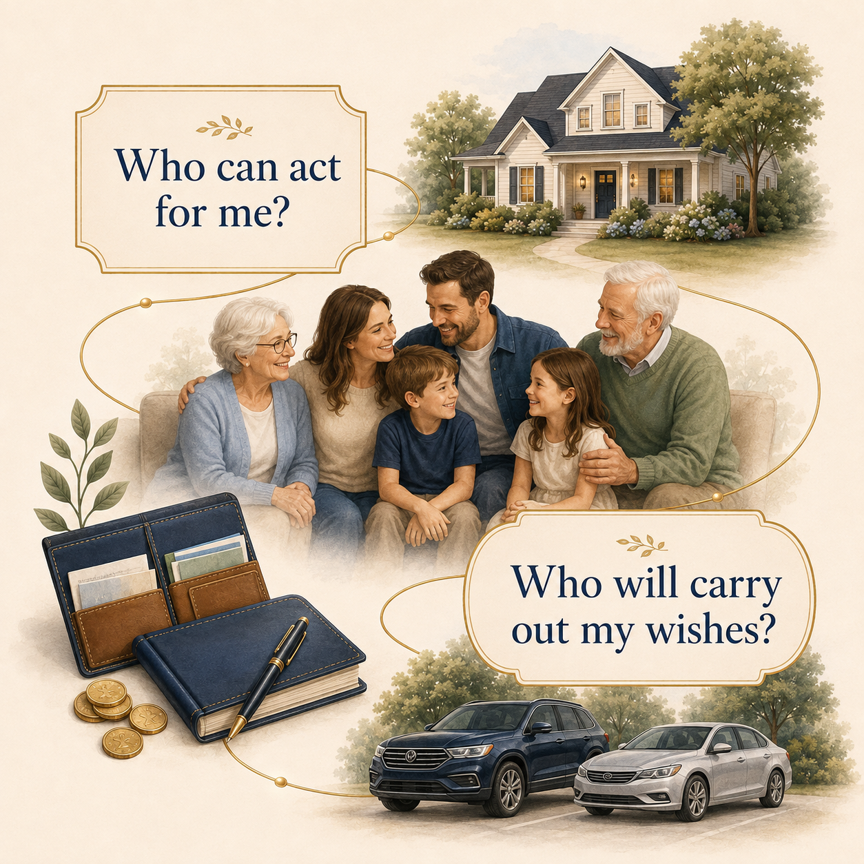 Multi-generational family sitting together, images of vehicles, important documents, and a home with quotes saying "who can act for me?" and "who will carry out my wishes?"