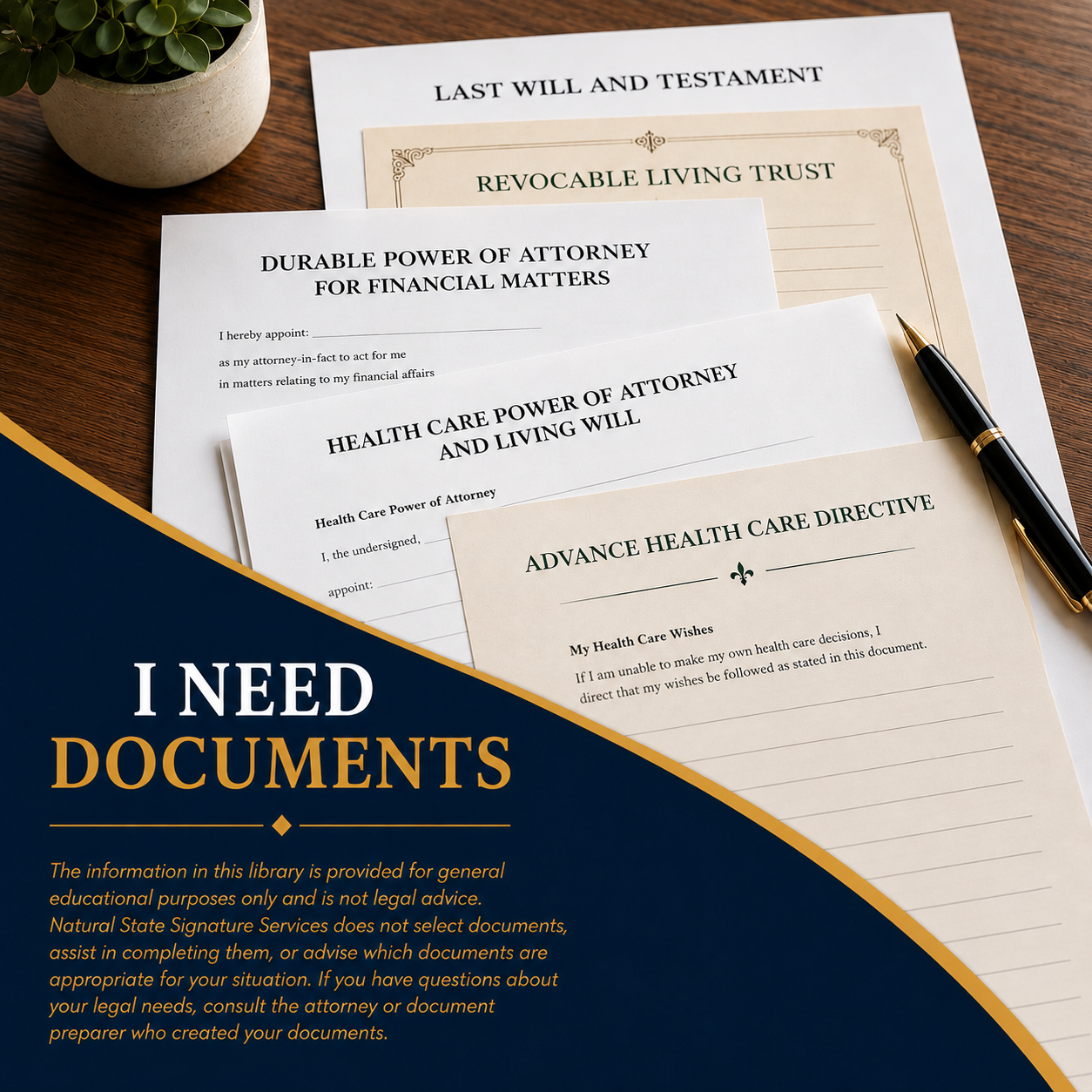 Estate planning documents including a will, trust, powers of attorney and advance directive disiplayed together, representing educational resources about common legal documents, document execution, and Arkansas Remote Online Notary services.