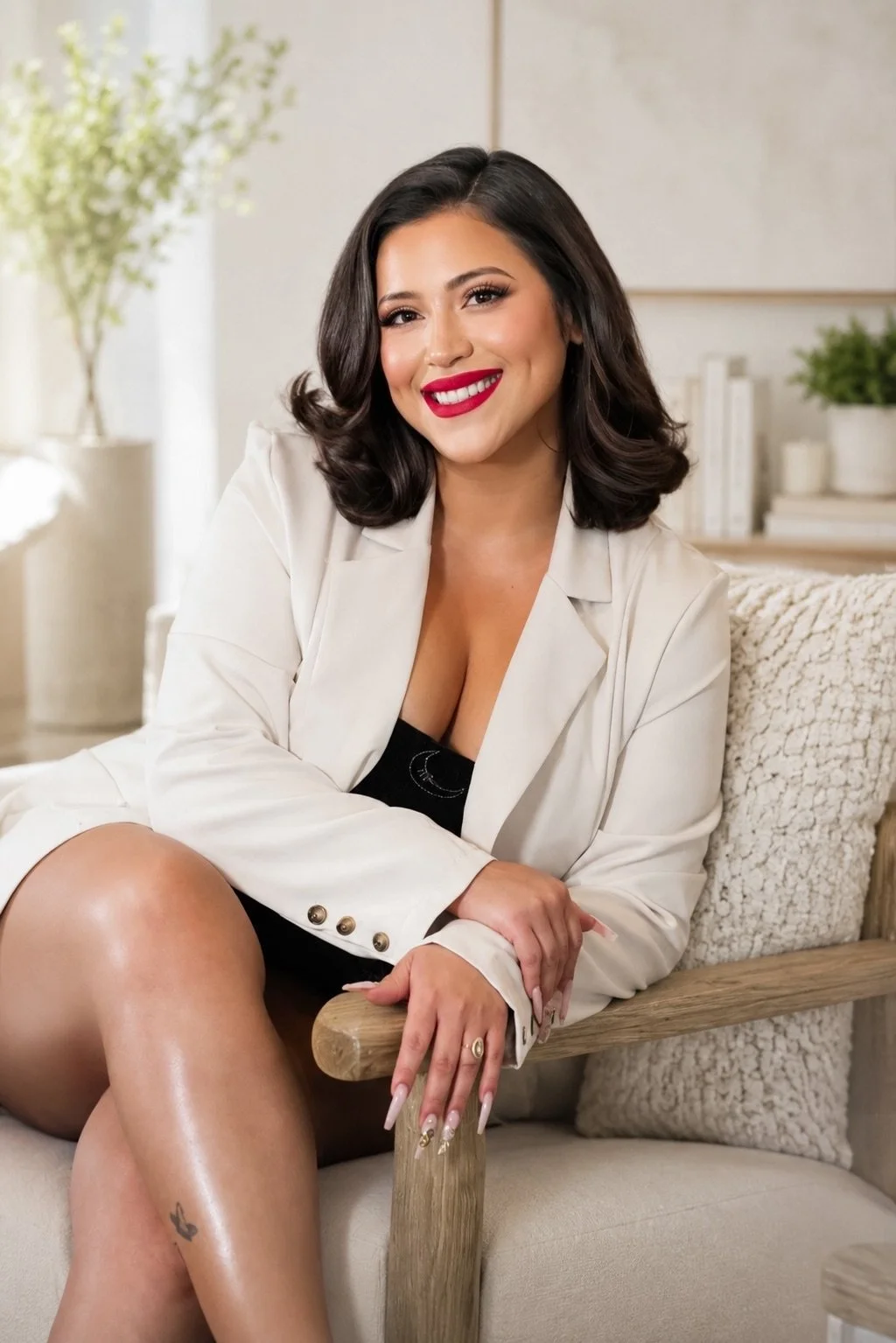 A woman with dark hair and red lipstick smiling, sitting on a cream-colored couch in a bright room with potted plants and books in the background.