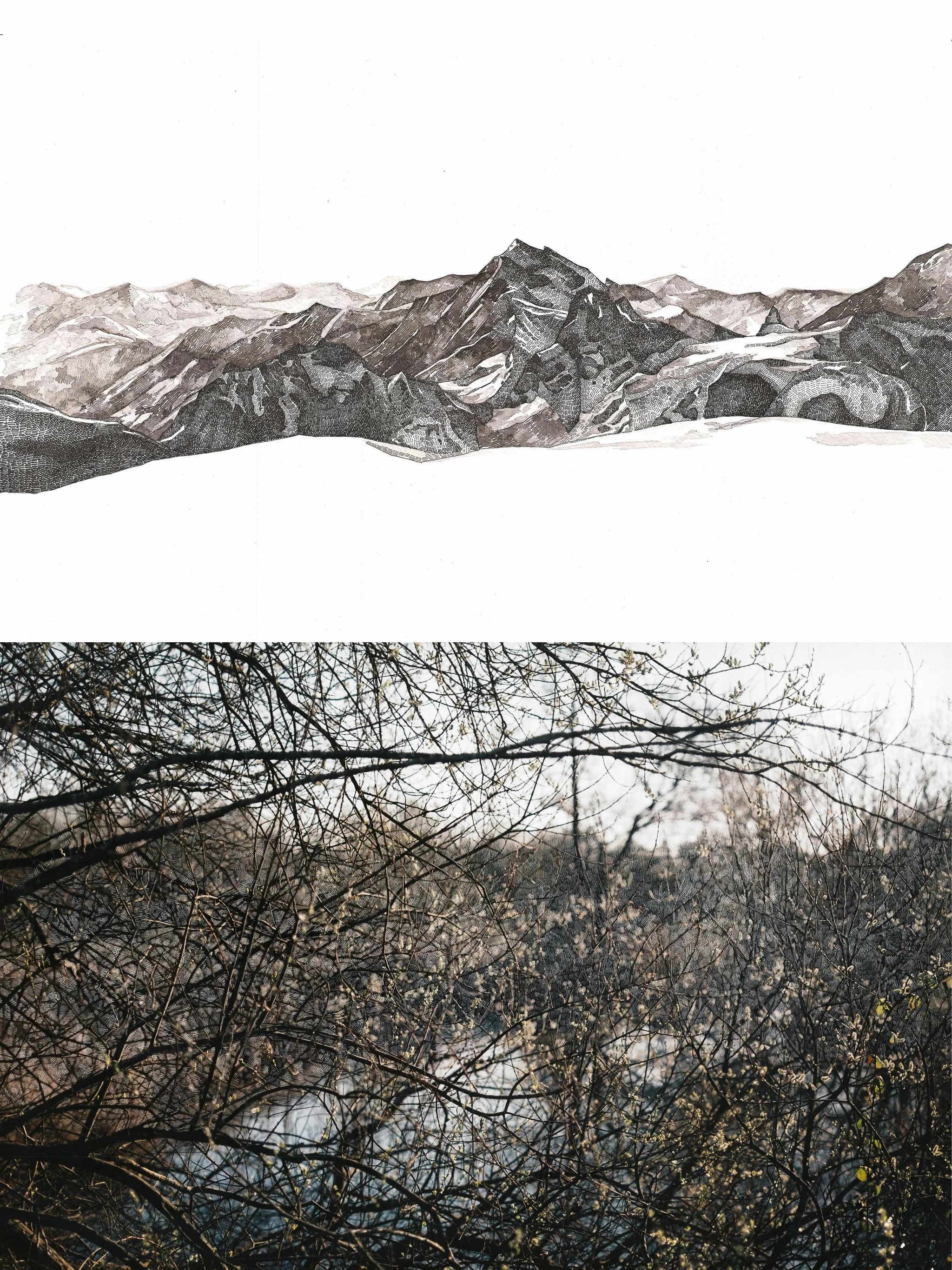Ink and watercolor on paper and scrape on photographic print (120mm), 60x40cm, 2015