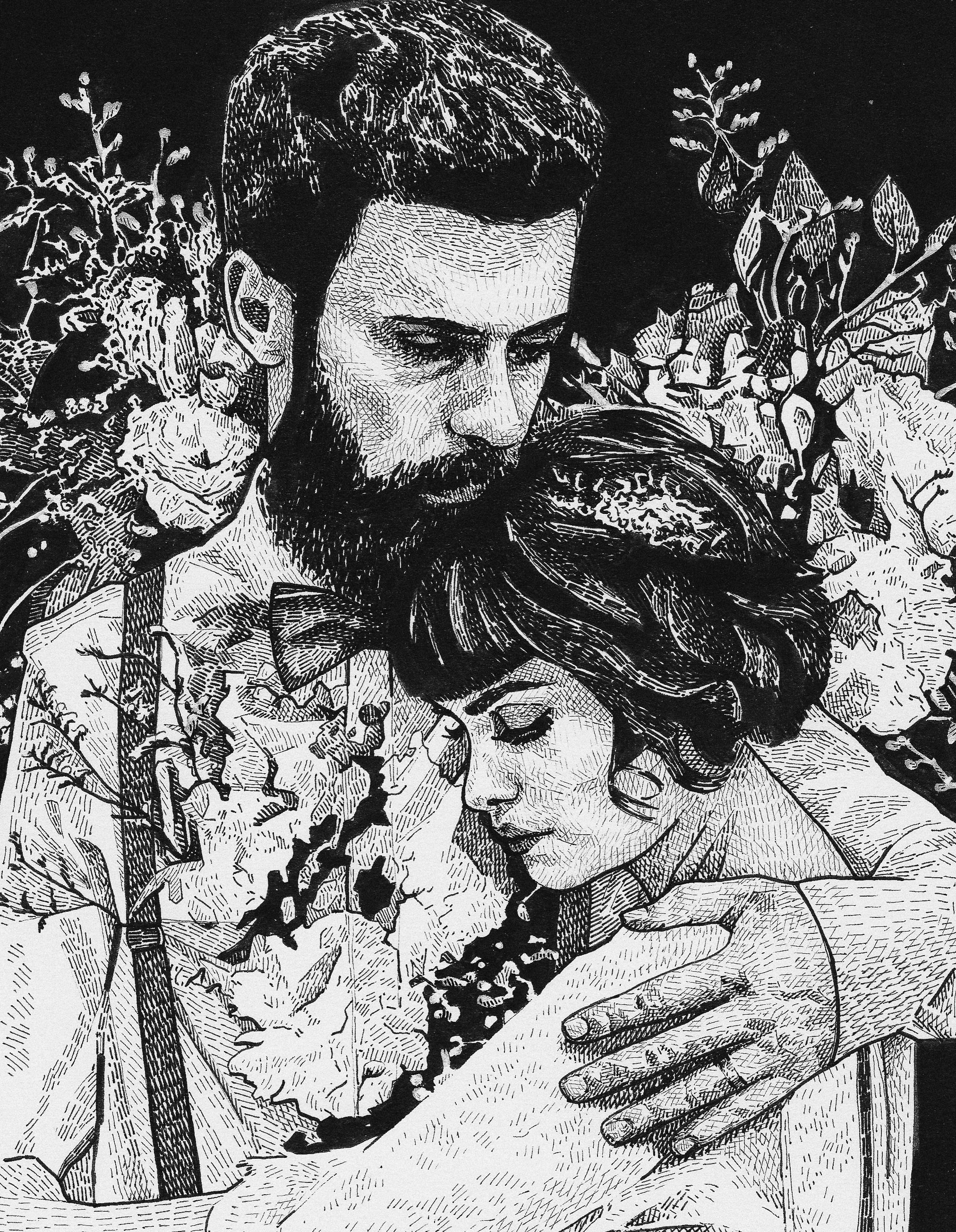 ‘Daniela and Adriano’ Ink on paper, 20x15cm, 2020.