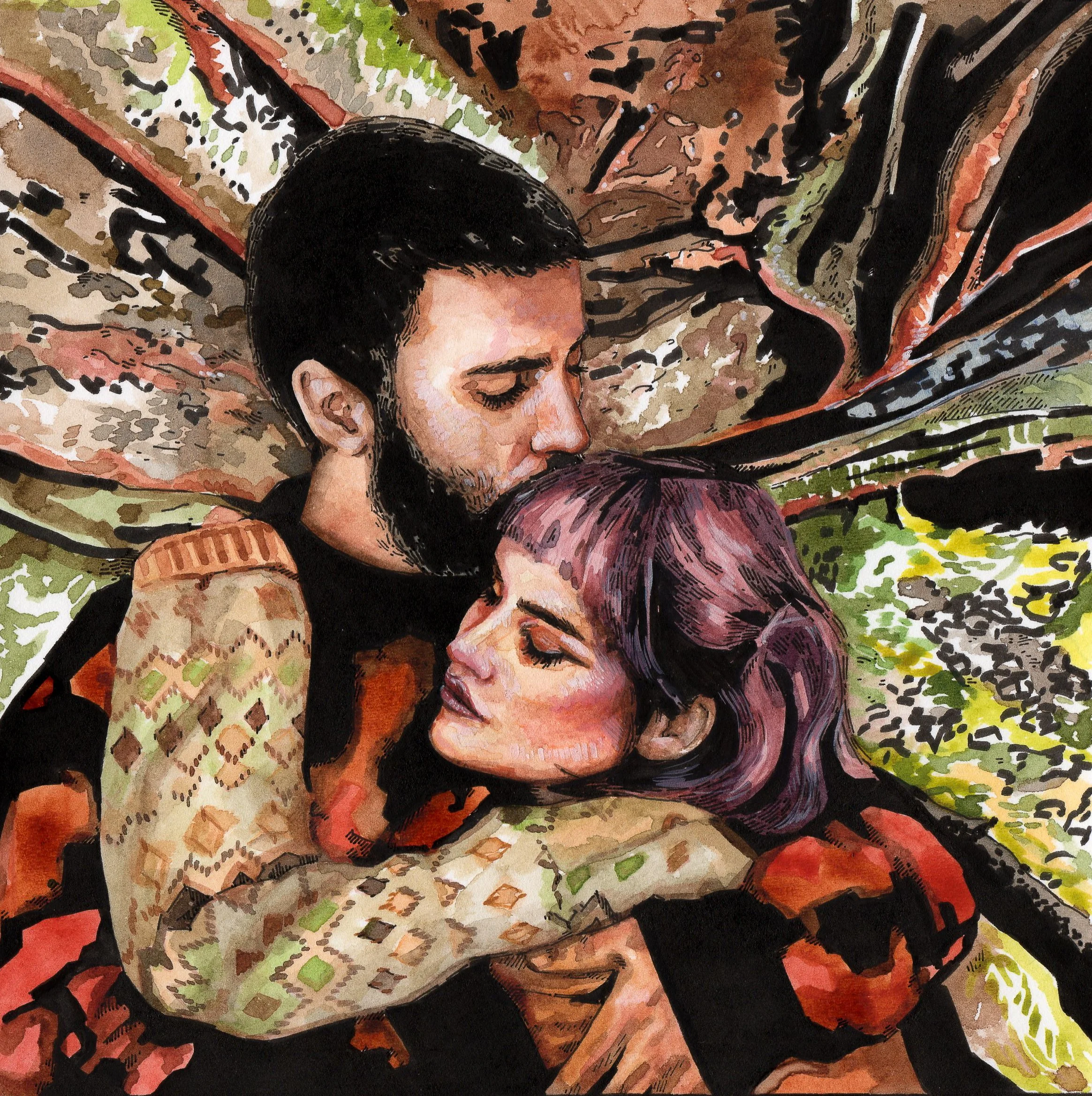 ‘Daniela and Adriano’ Watercolor and ink on paper, 13x13cm, 2022.