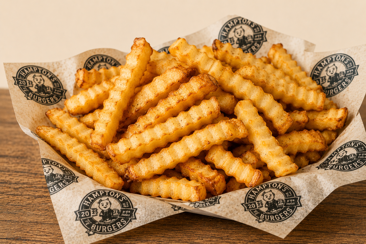 Basket of crinkle-cut French fries in branded paper liner from Hampton's Burgers on a wooden surface.