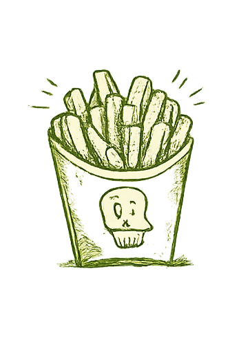 Cartoon-style illustration of a paper bucket of French fries with a skull symbol on it and a small bone icon on the side.