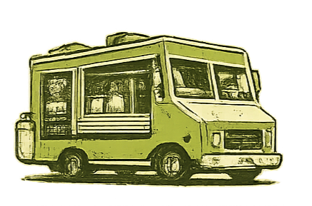 A green food truck with windows and serving area, parked on a street.