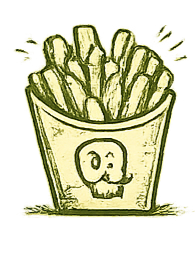 Cartoon-style bucket of French fries with a cute smiling elephant face on the front.