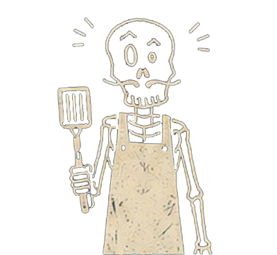 A cartoon skeleton wearing an apron, holding a spatula, with a lightning bolt through its head.