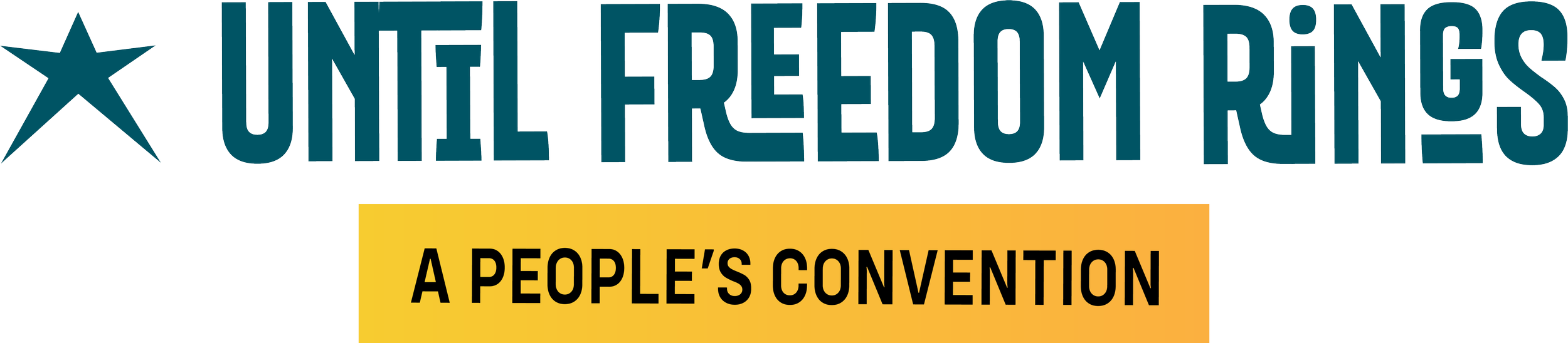 Logo for United Freedom Rings, a people's convention, featuring a star on the left and text in teal and black on a white background with a yellow banner.