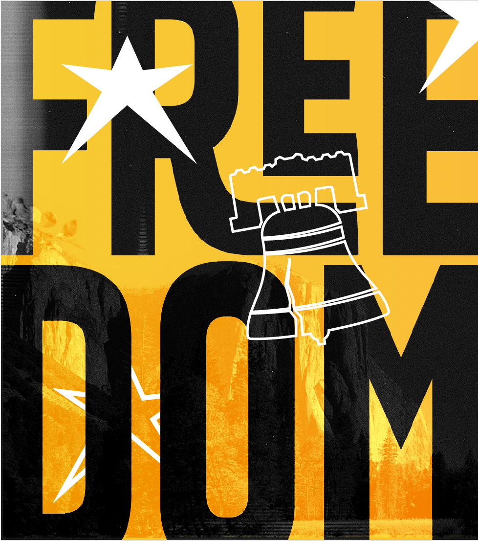 Design featuring the words 'FREE DOM' in large yellow and black letters, with outline drawings of a star, a factory or damaged building, and a bell overlayed on top, set against a black and yellow background with a mountain landscape.