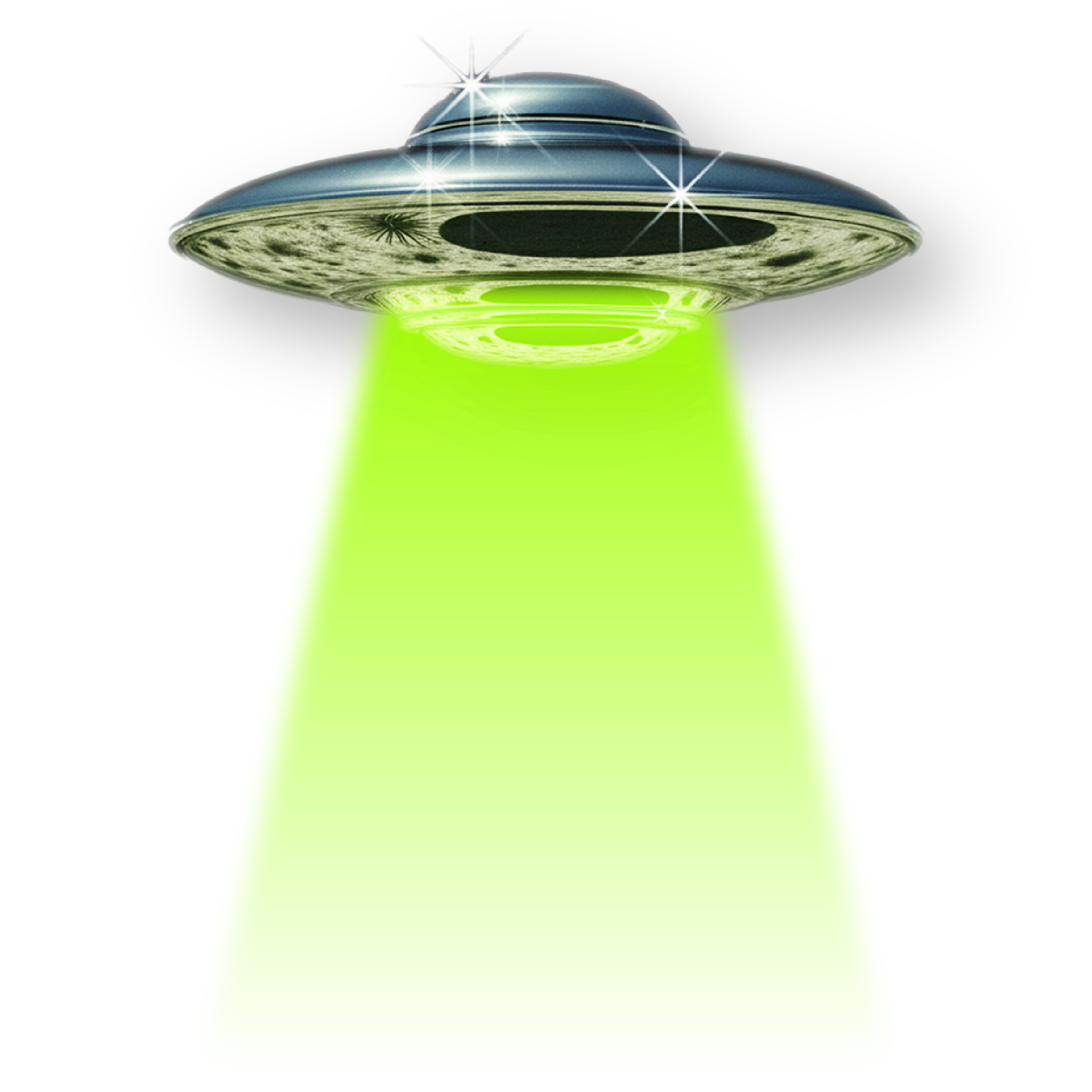 Chrome UFO with a green beam over a transparent background