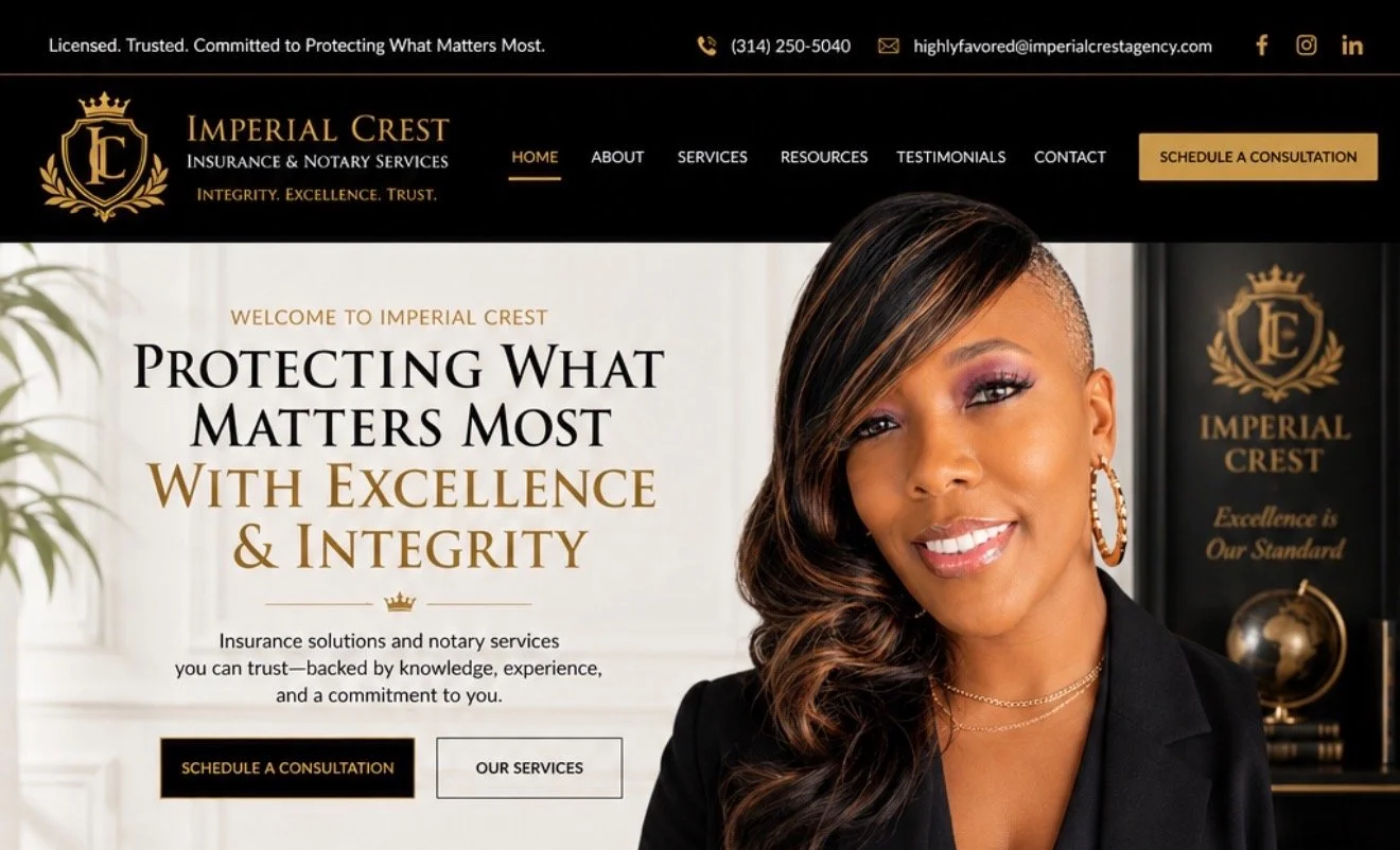 Homepage of Imperial Crest Insurance & Notary Services website featuring a woman with styled hair, jewelry, and a black blazer, with a background including the company logo, globe, and bookshelf.