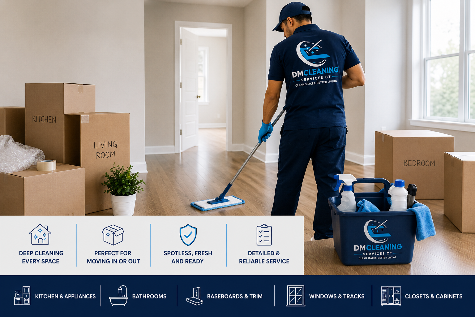 A professional cleaner in blue uniform mopping hardwood floor in a house with labeled moving boxes for kitchen, living room, bedroom, and an open doorway leading to another room, with cleaning supplies like spray bottles and cloth in a blue bucket nearby.