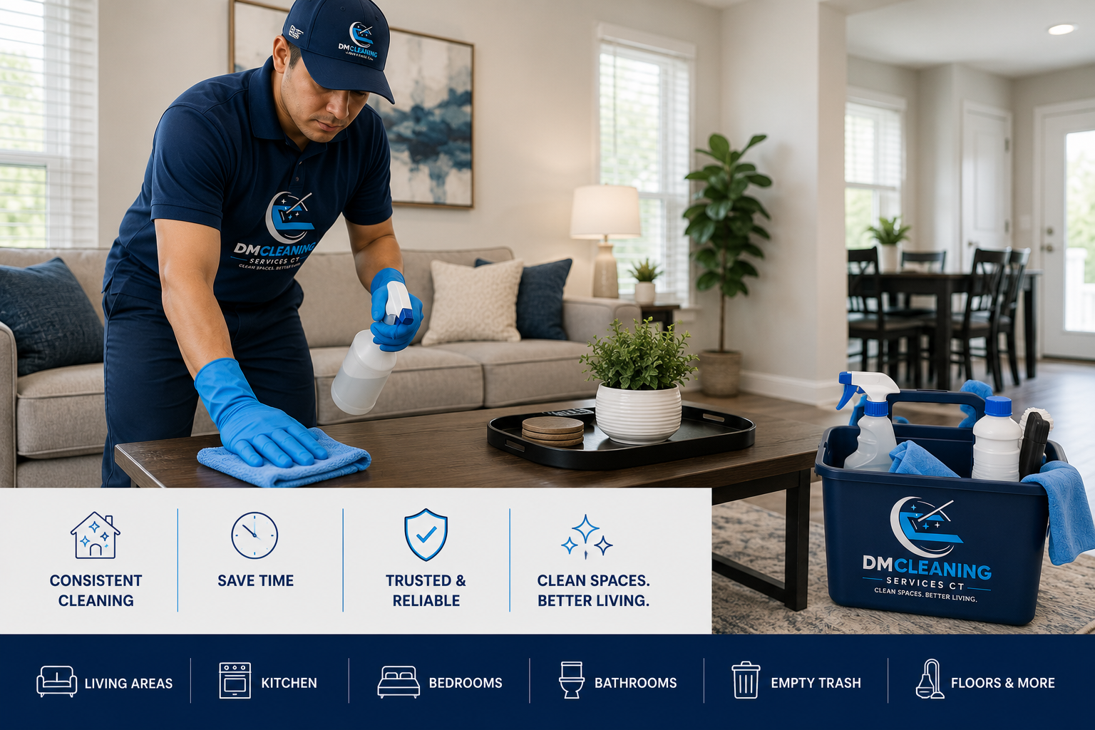 A professional cleaner wearing a blue uniform, cap, and gloves wiping a wooden table with a cloth, with cleaning supplies nearby, inside a well-kept living room.