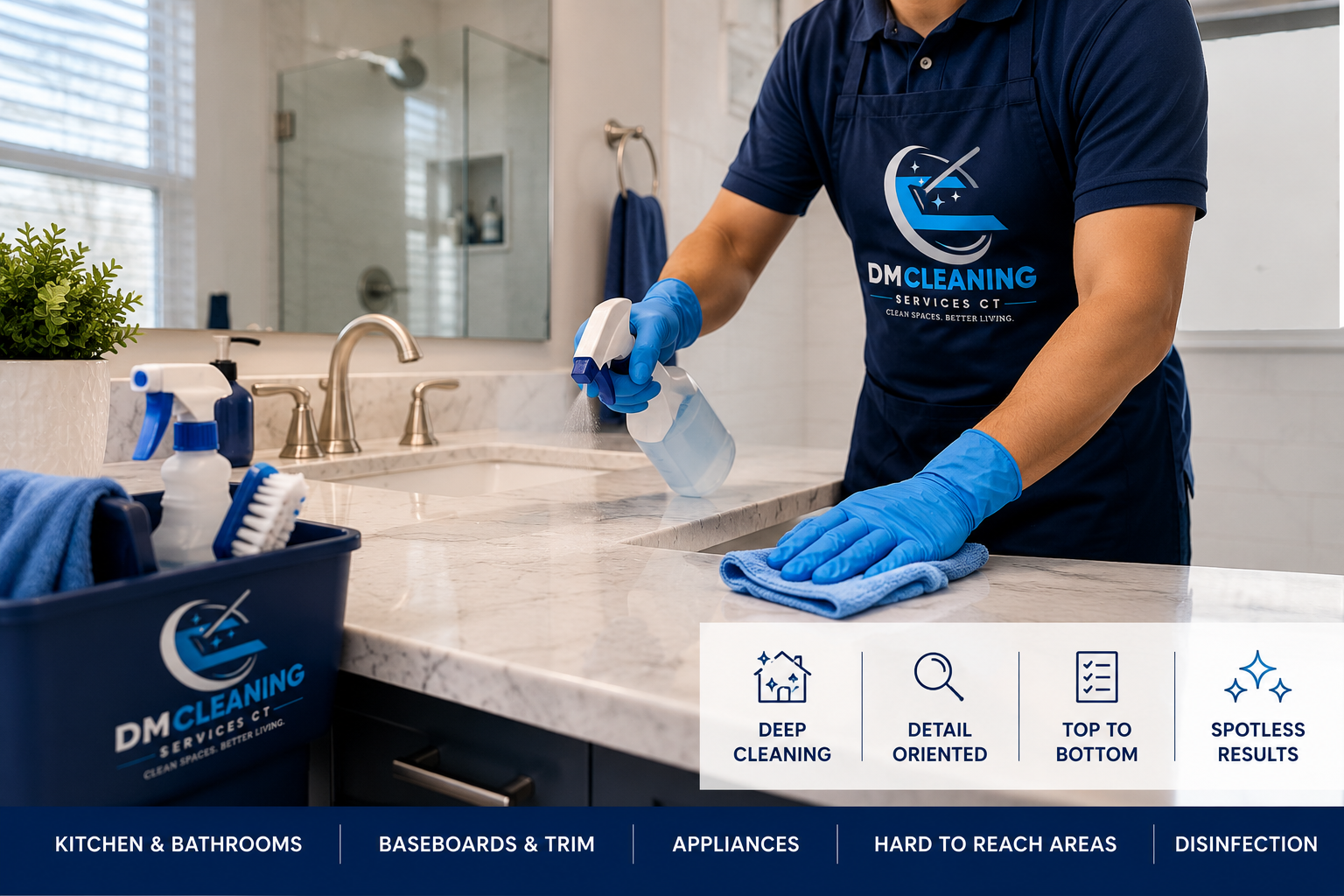 A person wearing a blue uniform and gloves cleaning a bathroom countertop with a spray bottle and a cloth. The person's shirt has a logo that says DM Cleaning Services CT. There are cleaning supplies and a plant on the counter, and a mirror and shower in the background.