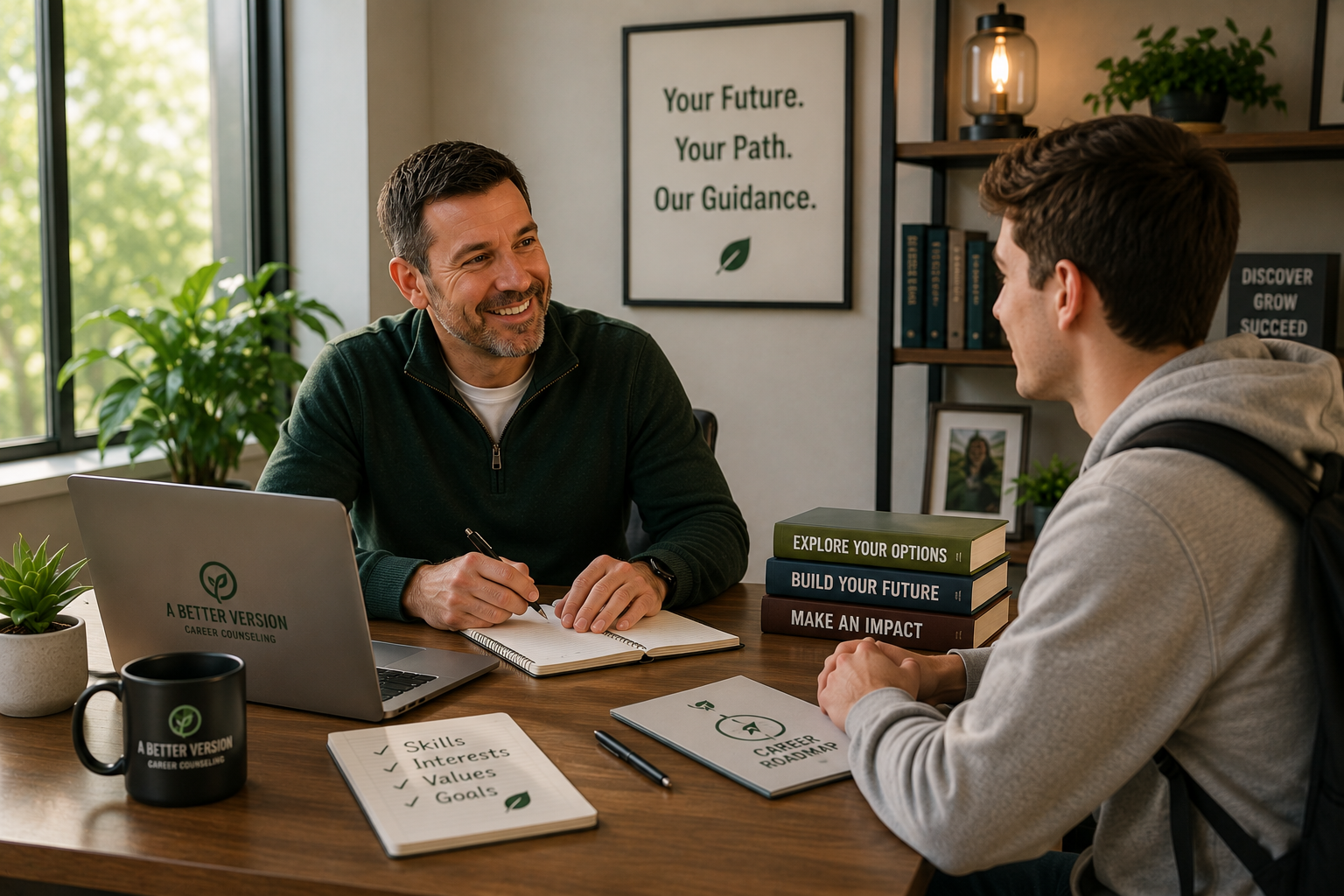 A career counselor and a young man having a conversation in an office, with a sign on the wall reading 'Your Future. Your Path. Our Guidance.' and books titled 'Explore Your Options,' 'Build Your Future,' and 'Make an Impact.' and various office supplies on the desk.