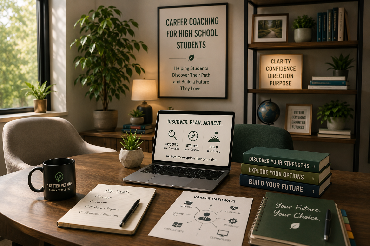 An office workspace with a laptop displaying career coaching options, surrounded by notebooks, books, a coffee mug, plants, a framed picture, and a bookshelf. The background features a window, a potted plant, a lamp, and framed inspirational quotes about career and personal development.