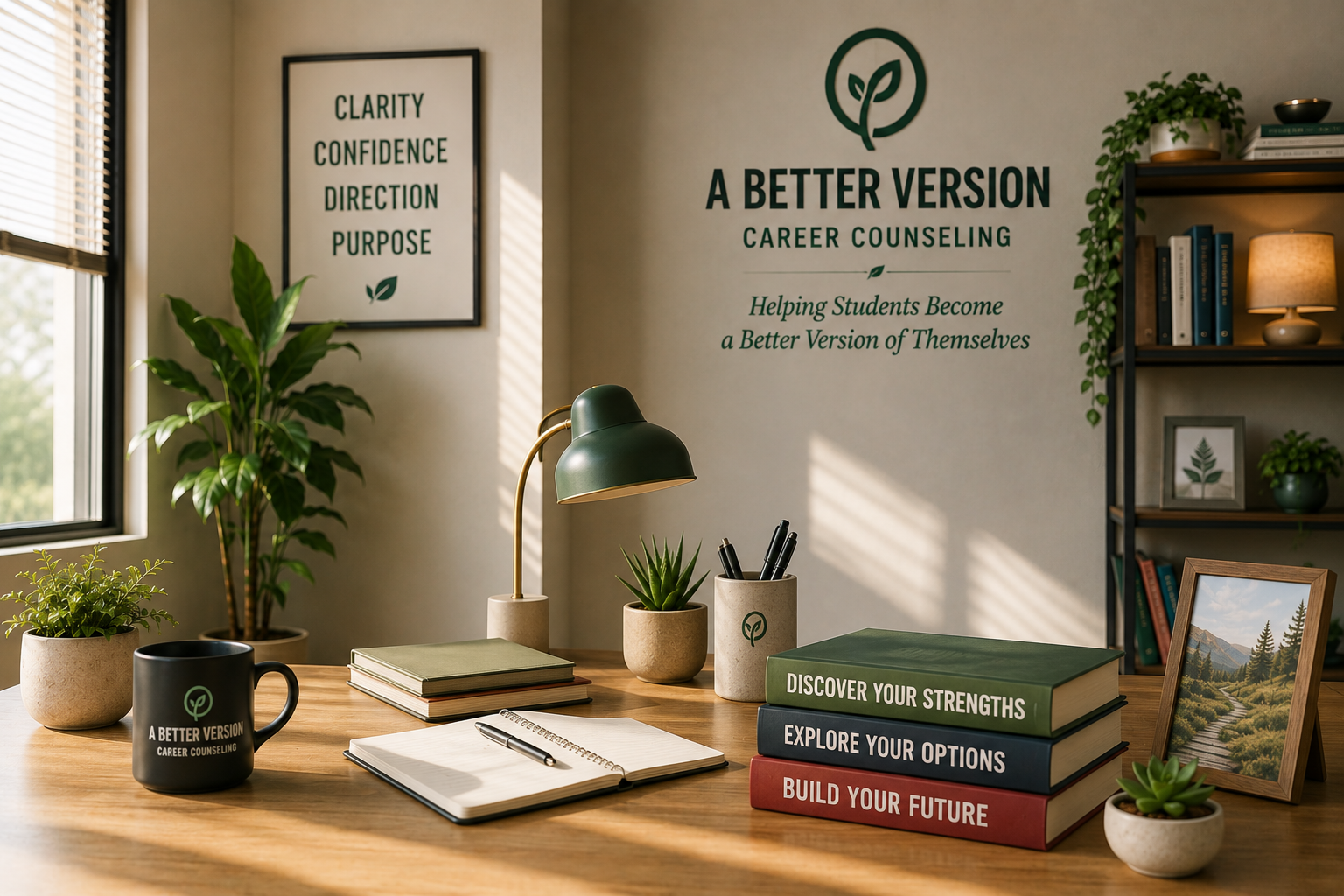 Organized office with green-themed decor, books titled 'Discover Your Strengths,' 'Explore Your Options,' and 'Build Your Future,' a desk lamp, notebooks, potted plants, a framed landscape photo, and a wall sign for career counseling.