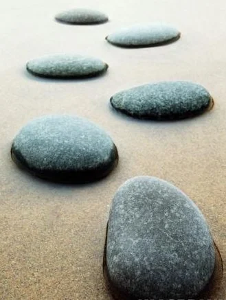 Smooth, rounded stones arranged in a line on a sandy surface.