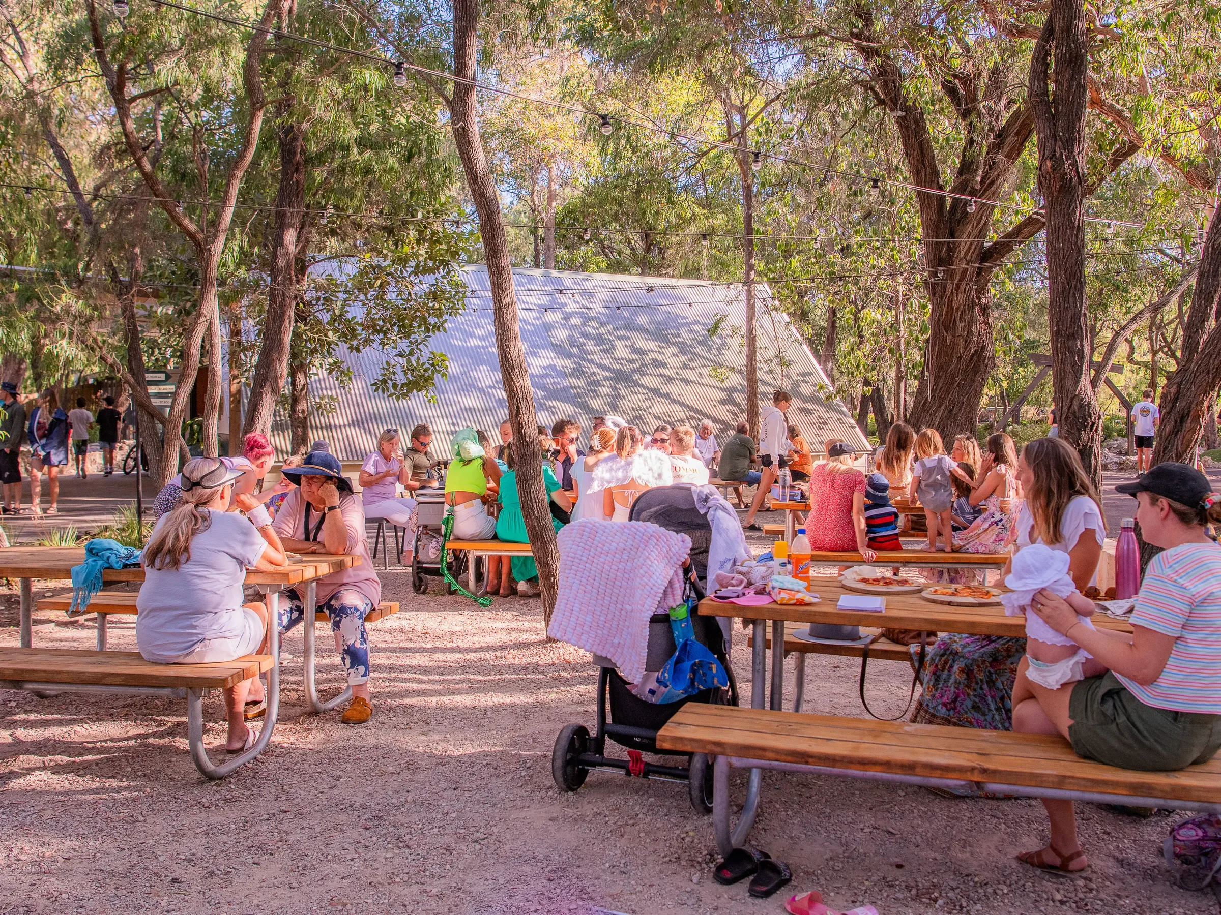Outdoor gathering of people seated at picnic tables under trees, with some standing and walking; sunlight filtering through leaves, and a roof visible in the background.