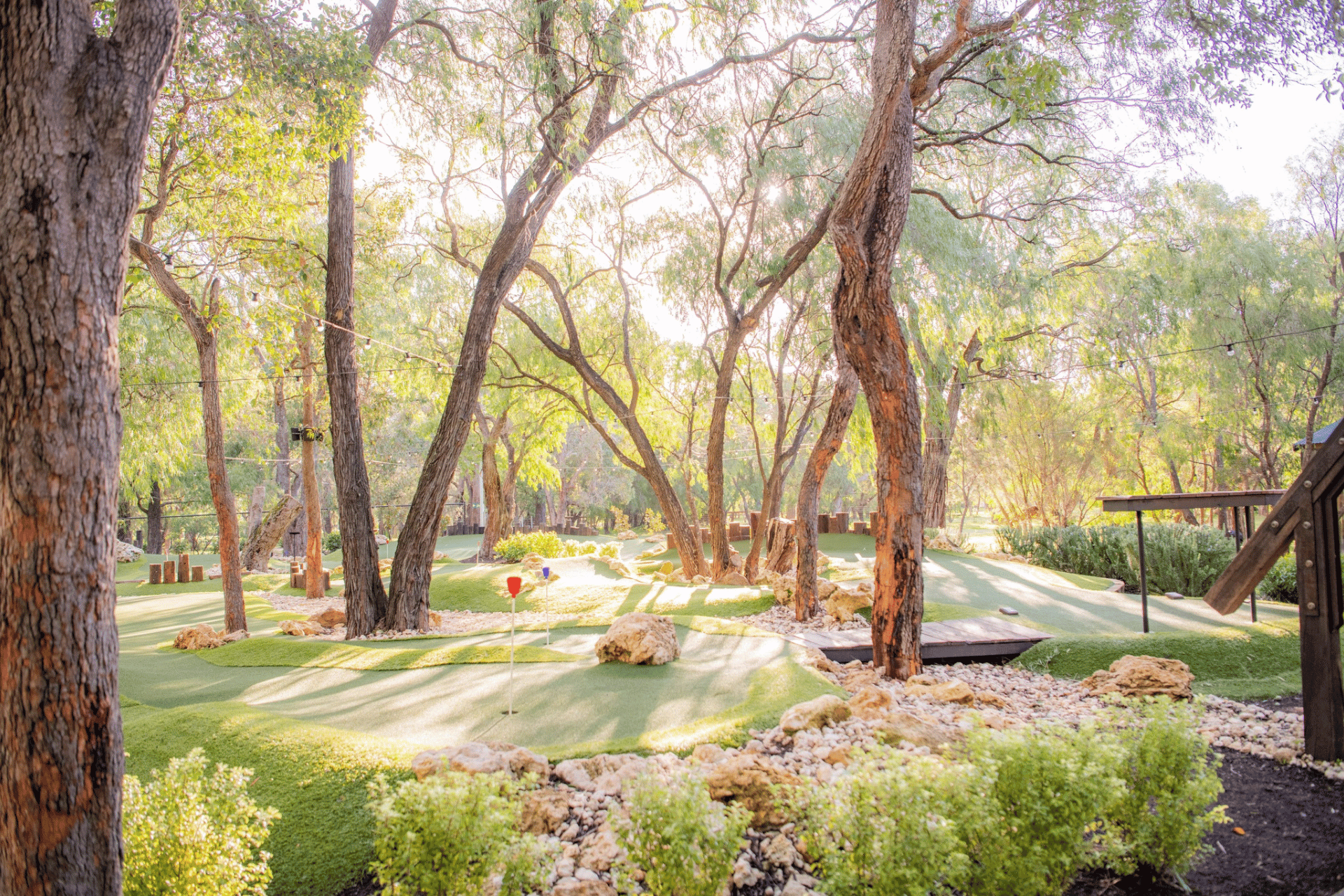 A miniature golf course set amidst tall trees with sunlight filtering through the branches. The course features artificial grass, rocks, and small flags marking the holes, with a wooden bridge and railings visible on the right.