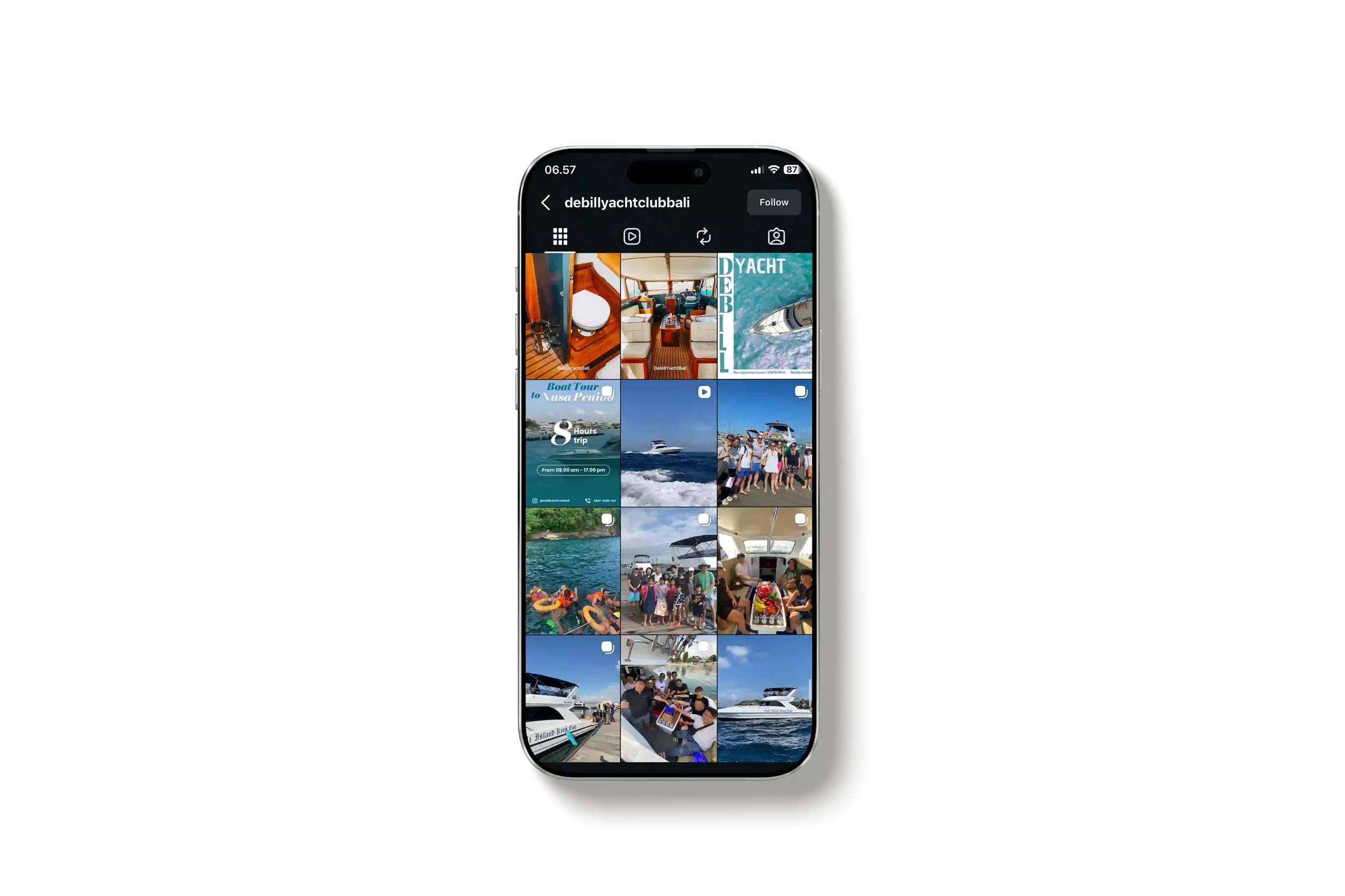 iPhone displaying an Instagram profile page with images of boats, yacht interiors, a boat tour, and people enjoying a boat trip