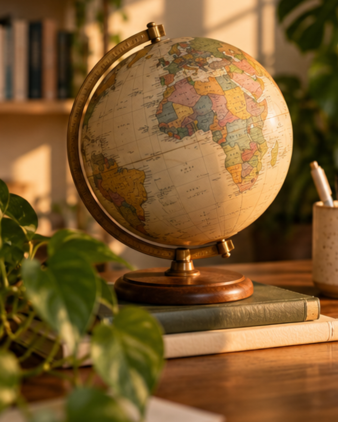 Vintage globe on a wooden stand resting on stacked books beside a houseplant