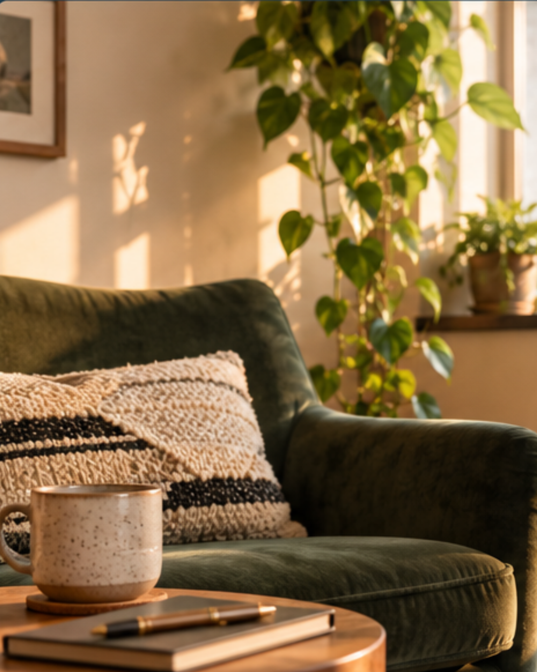 Cozy sunlit living room with a dark green armchair, textured throw pillow, ceramic coffee mug, notebook, pen, and houseplants.