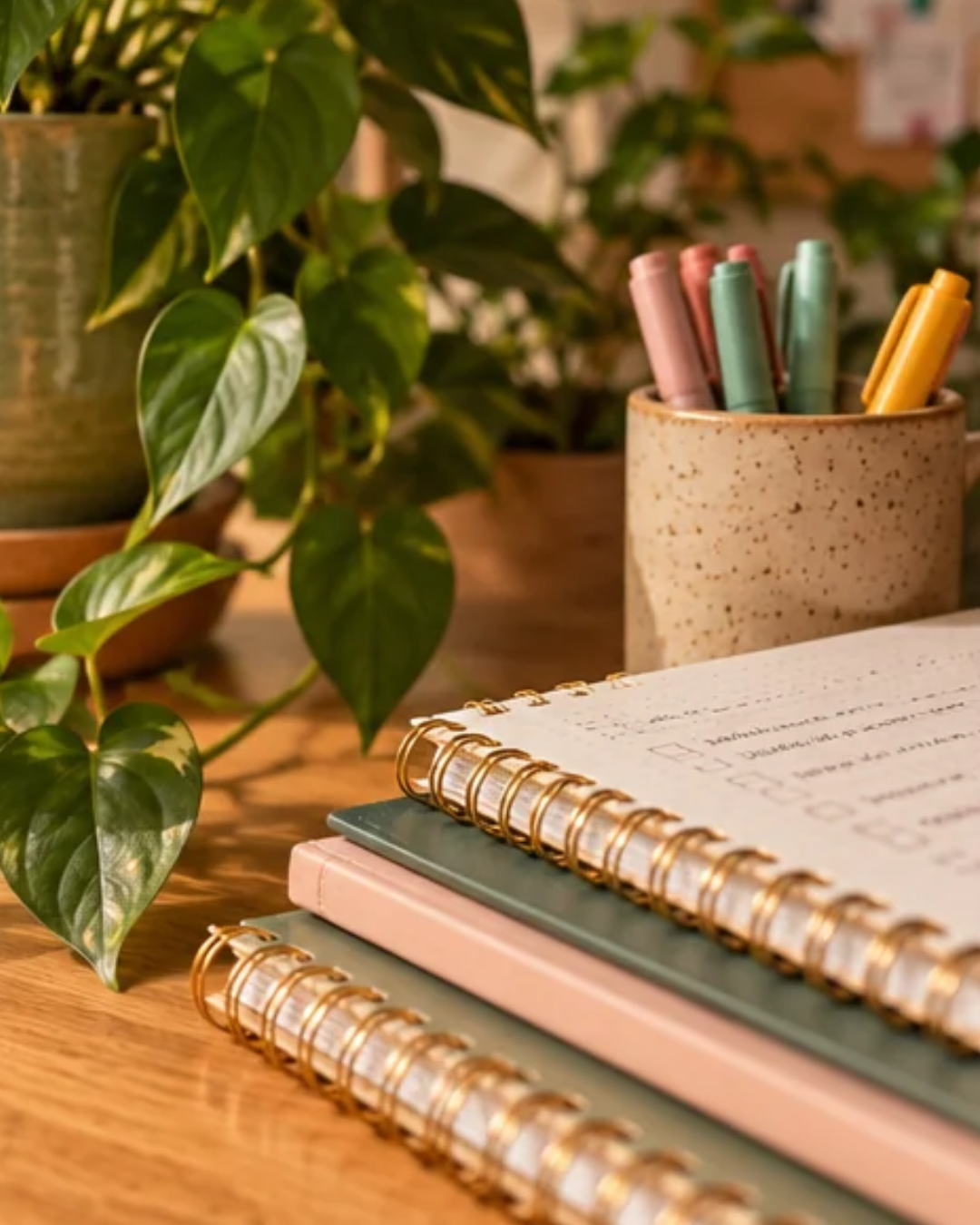Pastel pens in a ceramic holder beside spiral notebooks and a potted trailing houseplant on a wooden desk