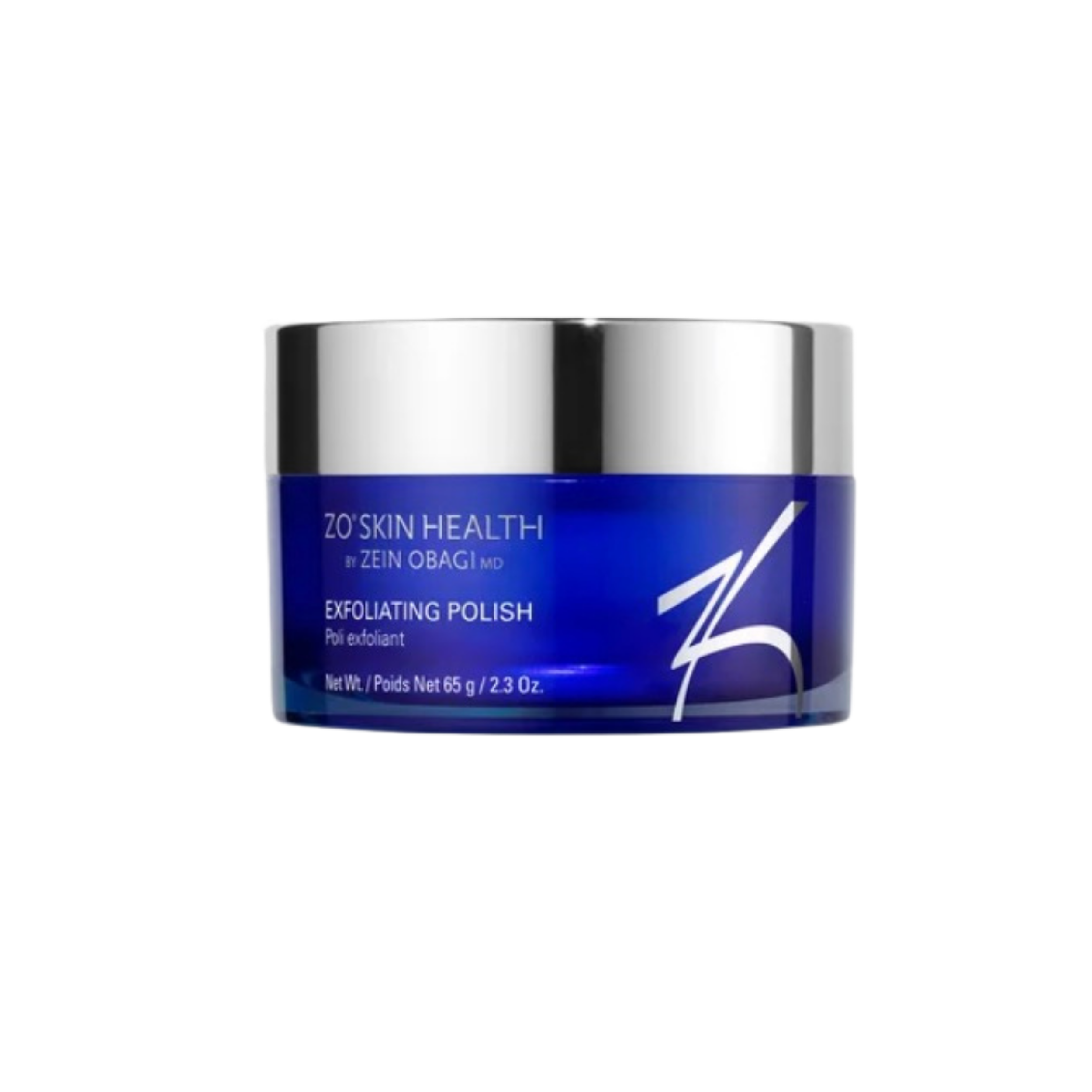 Close-up of a blue and white jar labeled 'ZO Skin Health by Zein Obagi MD Exfoliating Polish' with a silver lid.