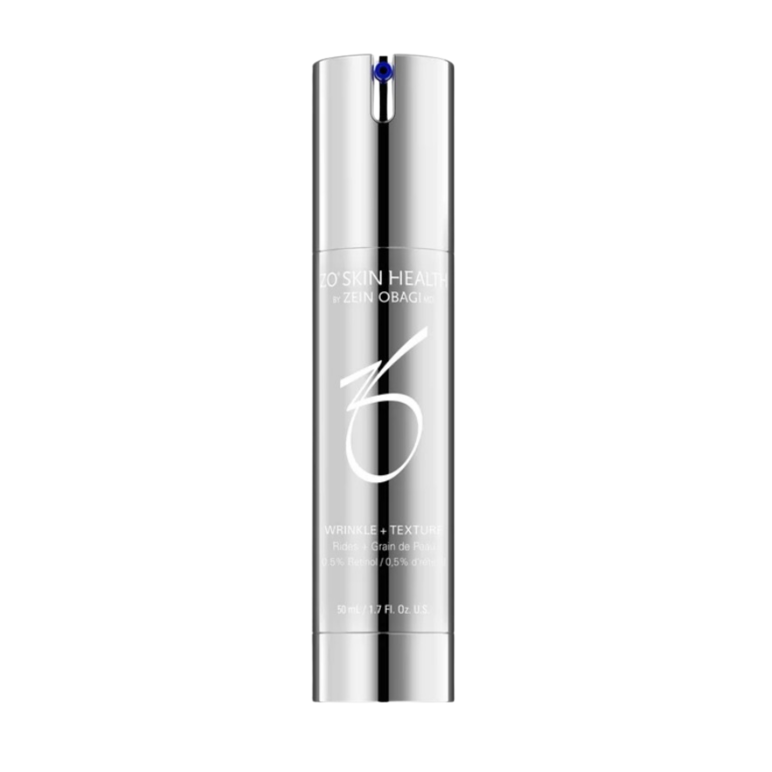 A bottle of skincare product labeled 'ZO Skin Health by Zein Obagi' with additional text indicating it is wrinkle and texture treatment, containing 0.5% retinol, with a gray background.
