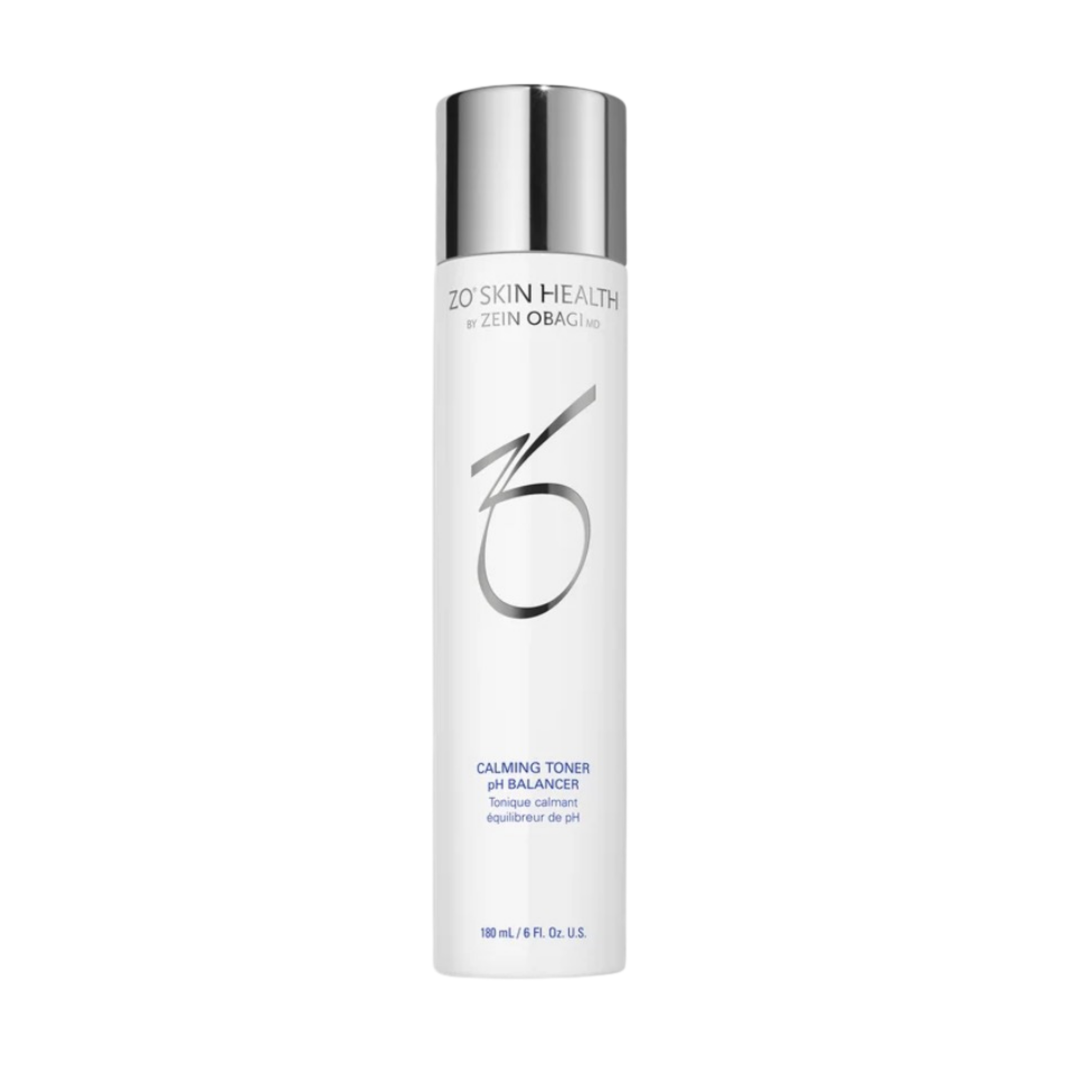 A white cylindrical bottle of Zo Skin Health calming toner with a silver cap, bearing blue and black text on the label.