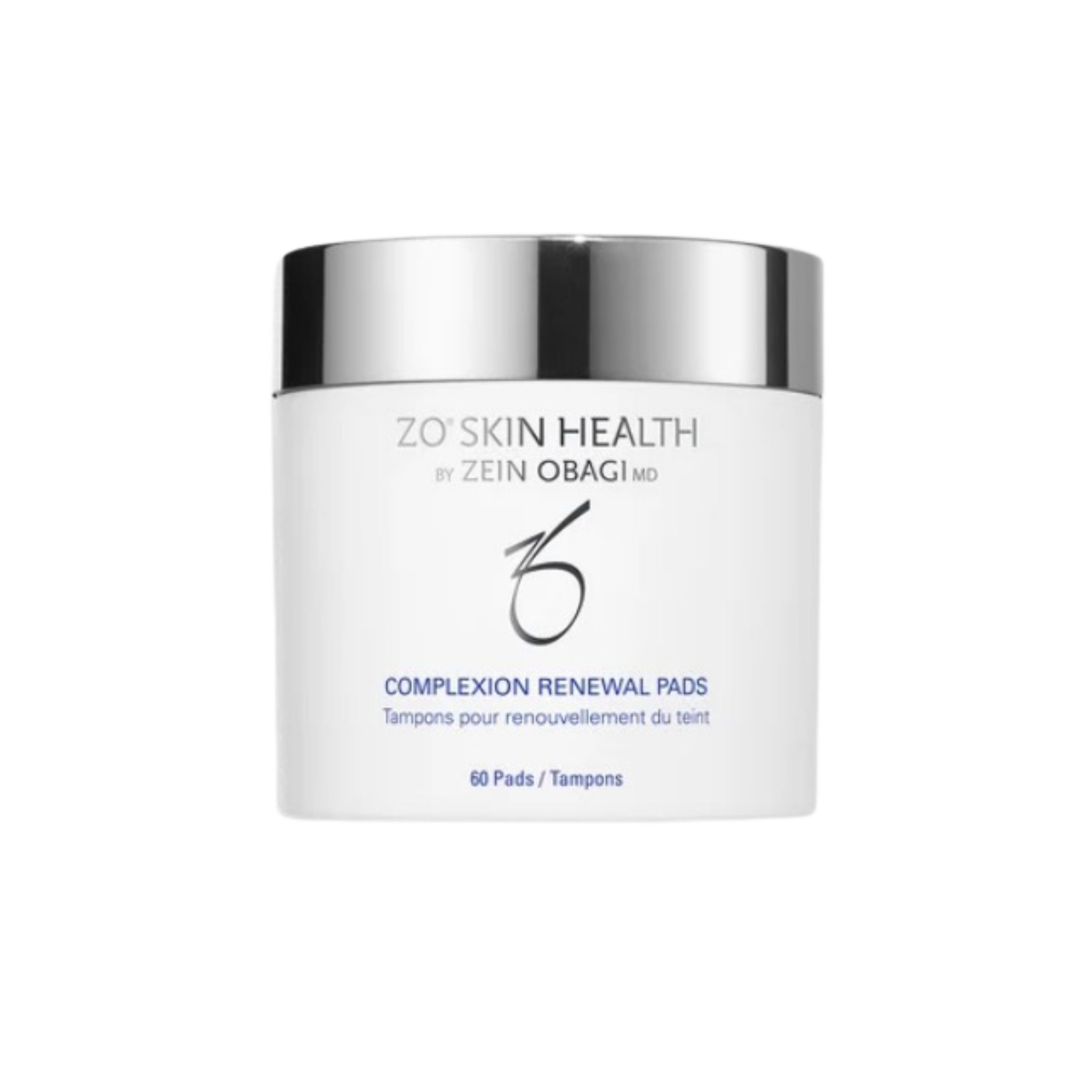 A bottle of Zo Skin Health product called ZO Skin Health by Zein Obagi MD, with a silver cap, and text on the label indicating it is a set of 60 tampons for skin renewal.