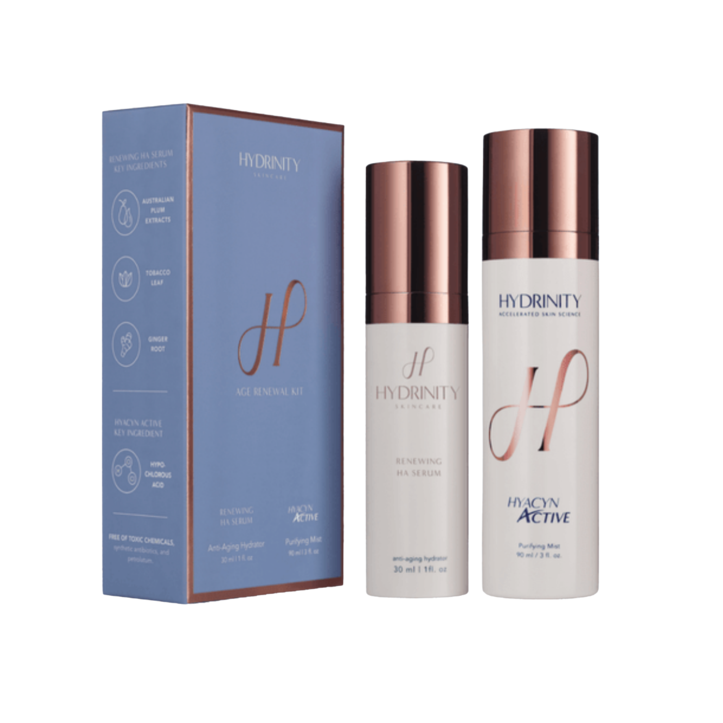 A blue box labeled 'HYDRINITY' and two skincare products with rose gold caps, one being a serum and the other a hydrating mist.