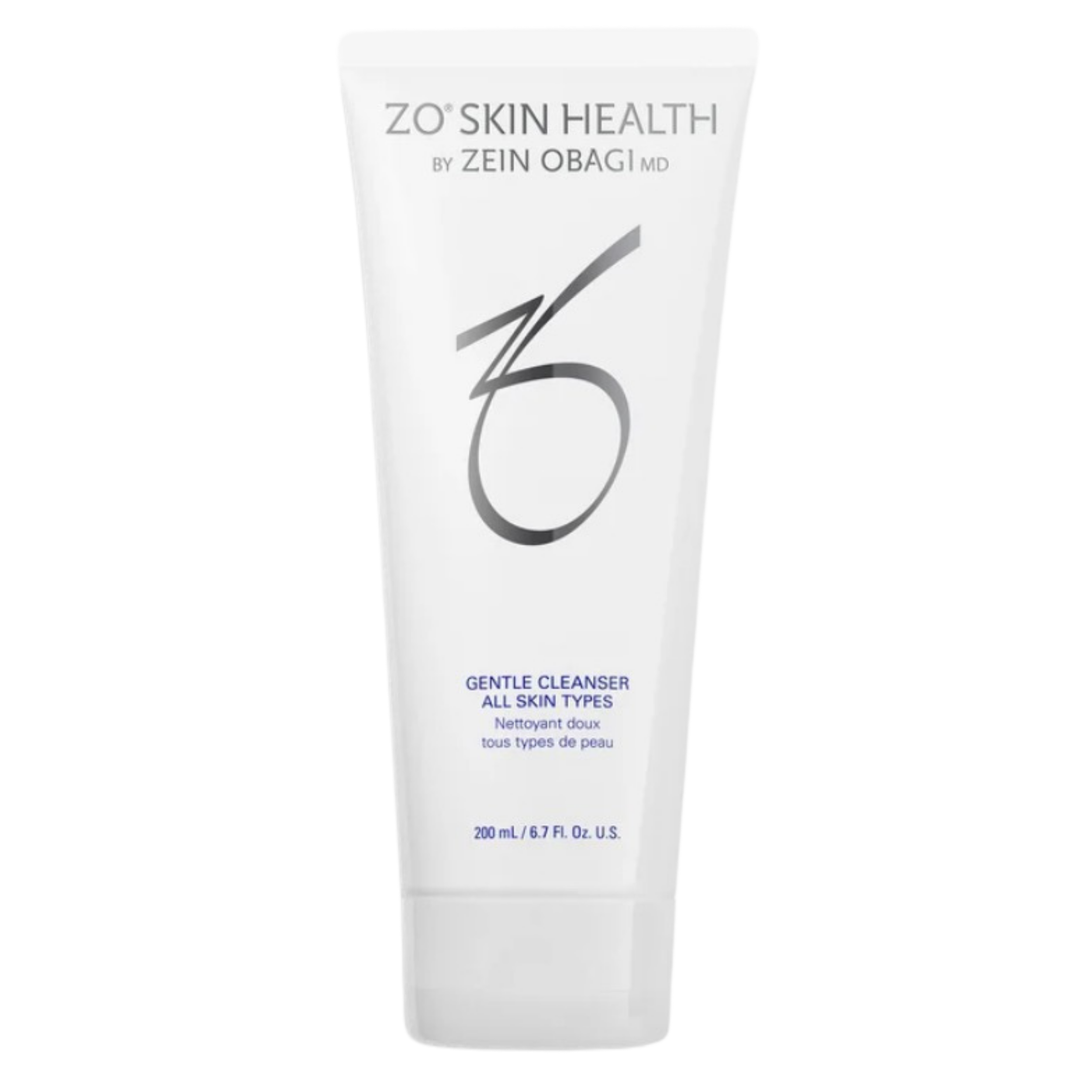 White tube of skincare product labeled 'ZO Skin Health by Zein Obagi MD Gentle Cleanser All Skin Types' with a silver number 5 on the front, and text indicating it contains 200mL or 6.7 fluid ounces.