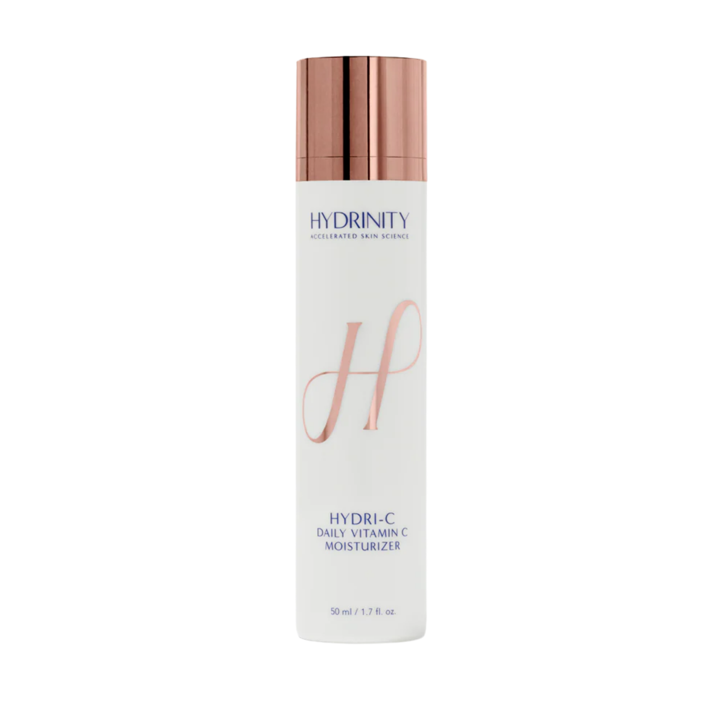 A white bottle of Hydrinity daily vitamin C moisturizer with a rose gold cap and blue text on the label.