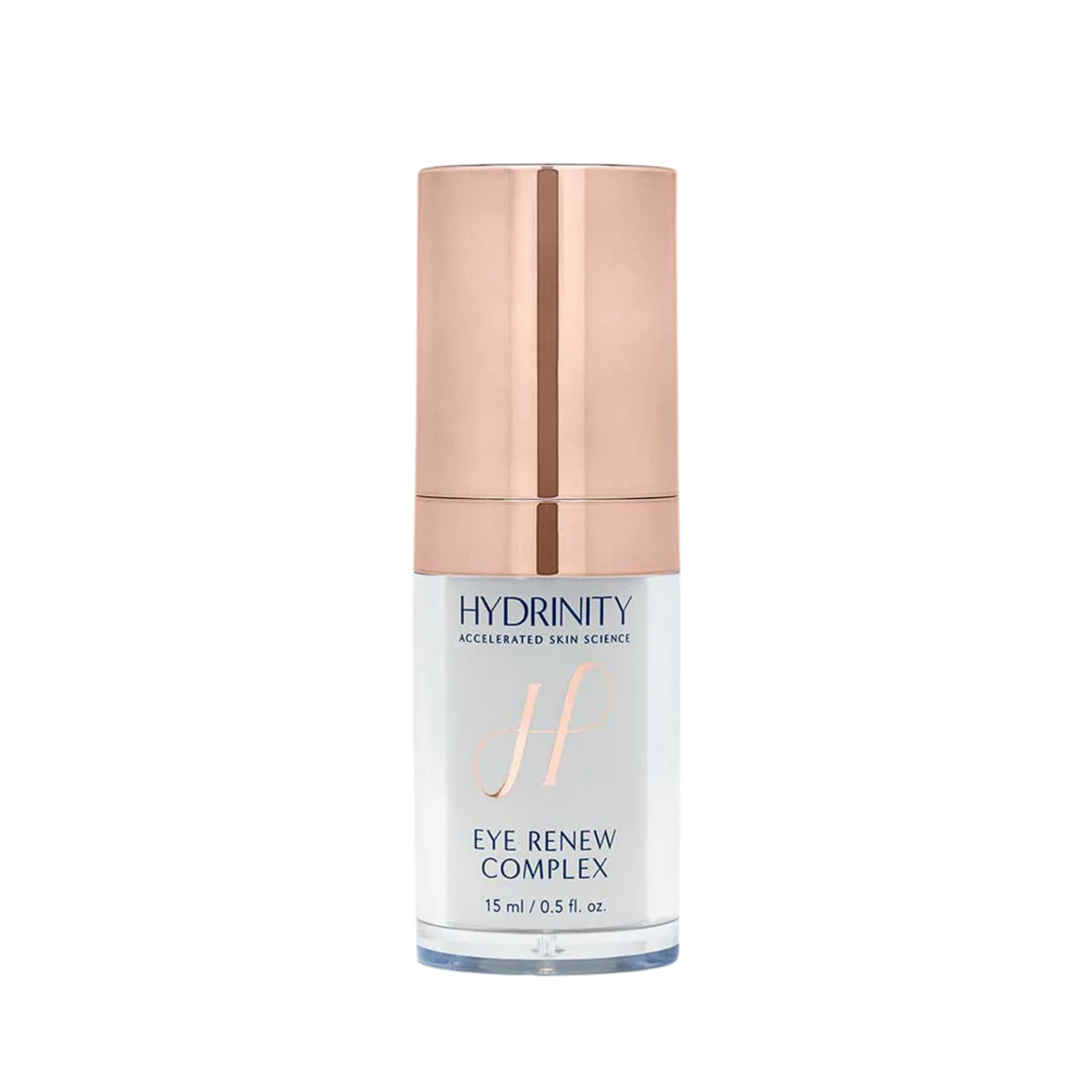 A skincare product named Hydrinity Eye Renew Complex in a cylindrical bottle with a rose gold cap and a pump dispenser, featuring a white label with blue and black text.