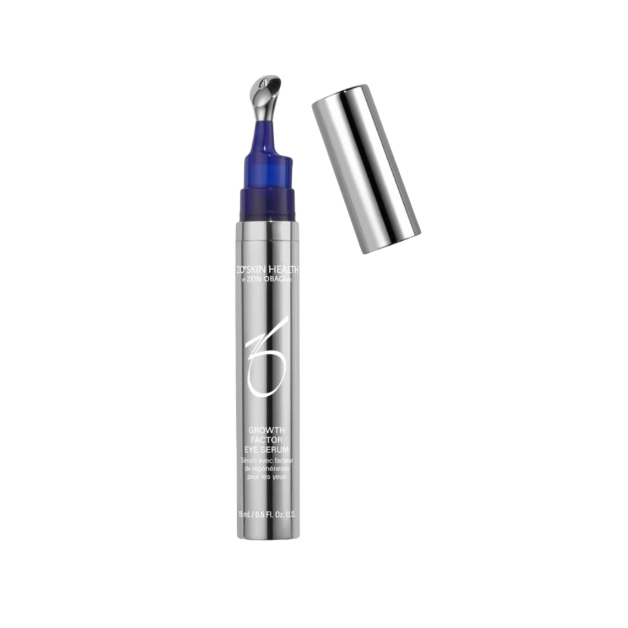 A silver and blue skincare serum bottle with its silver cap removed, exposing a metallic applicator tip, against a black background.