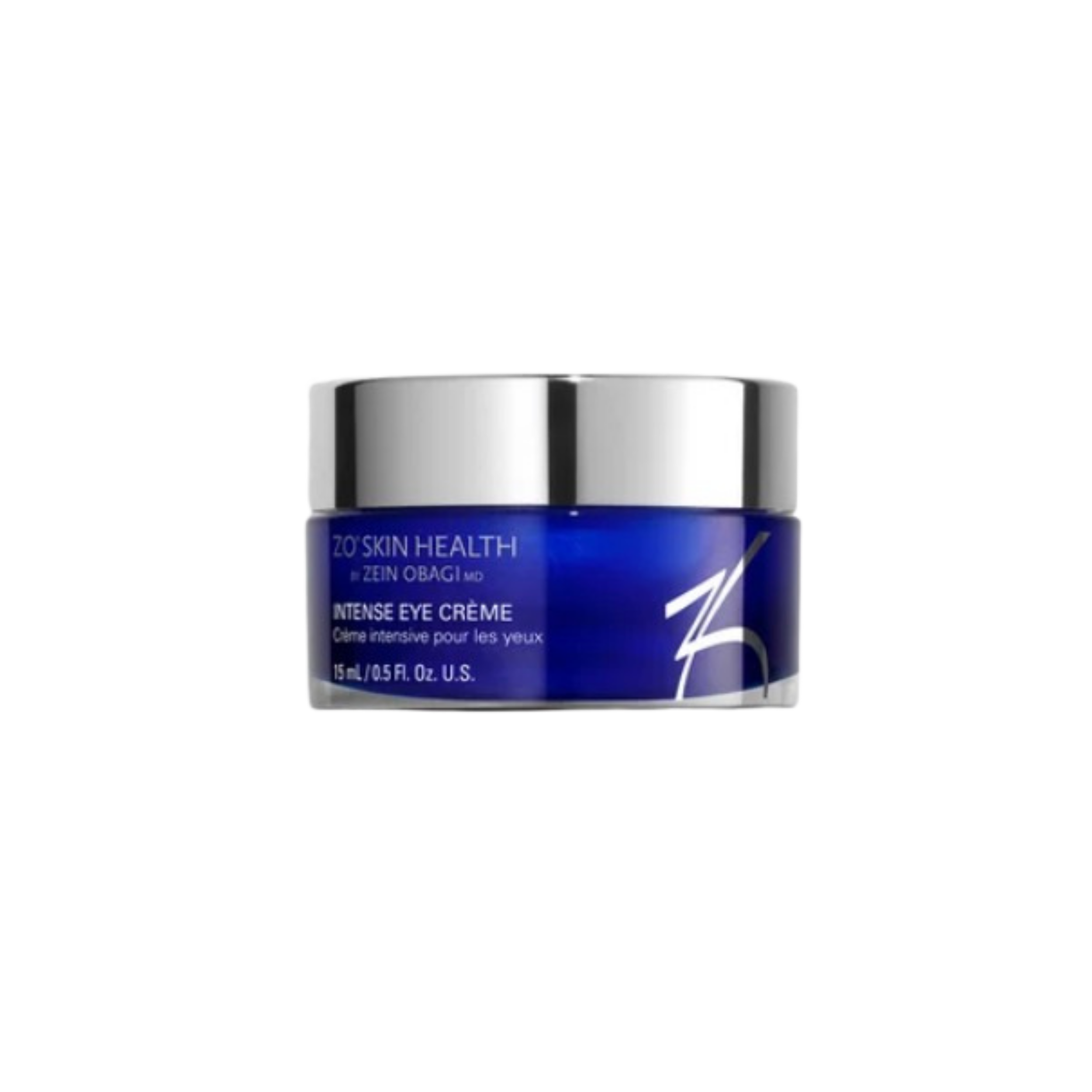 Close-up of a jar labeled 'Zo Skin Health' intense eye crème against a black background.