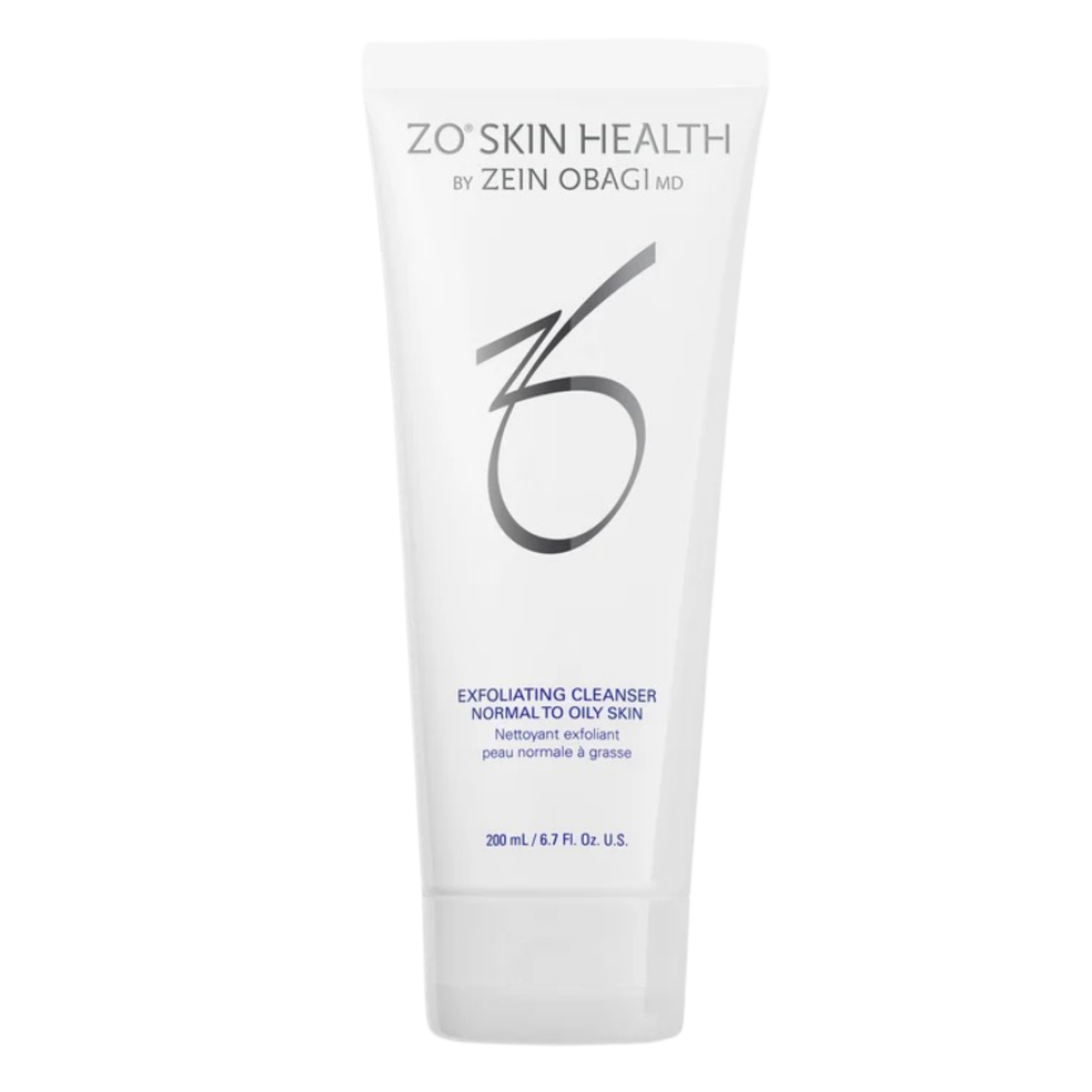 A white tube of ZO Skin Health exfoliating cleanser with black and purple text, indicating it is for normal to oily skin, containing 200 mL or 6.7 fl oz.