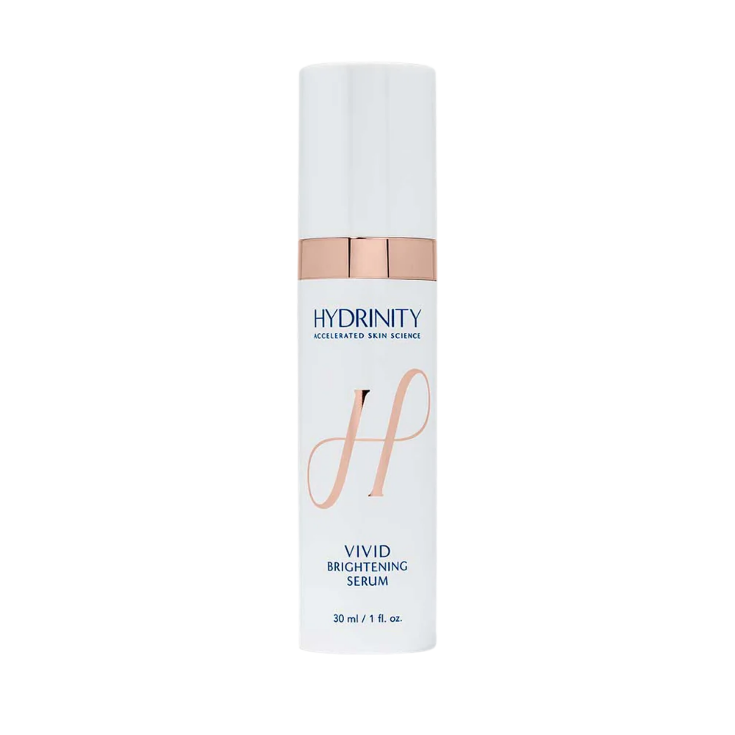 A white tube of Vivid Brightening Serum with a rose gold cap and blue text.