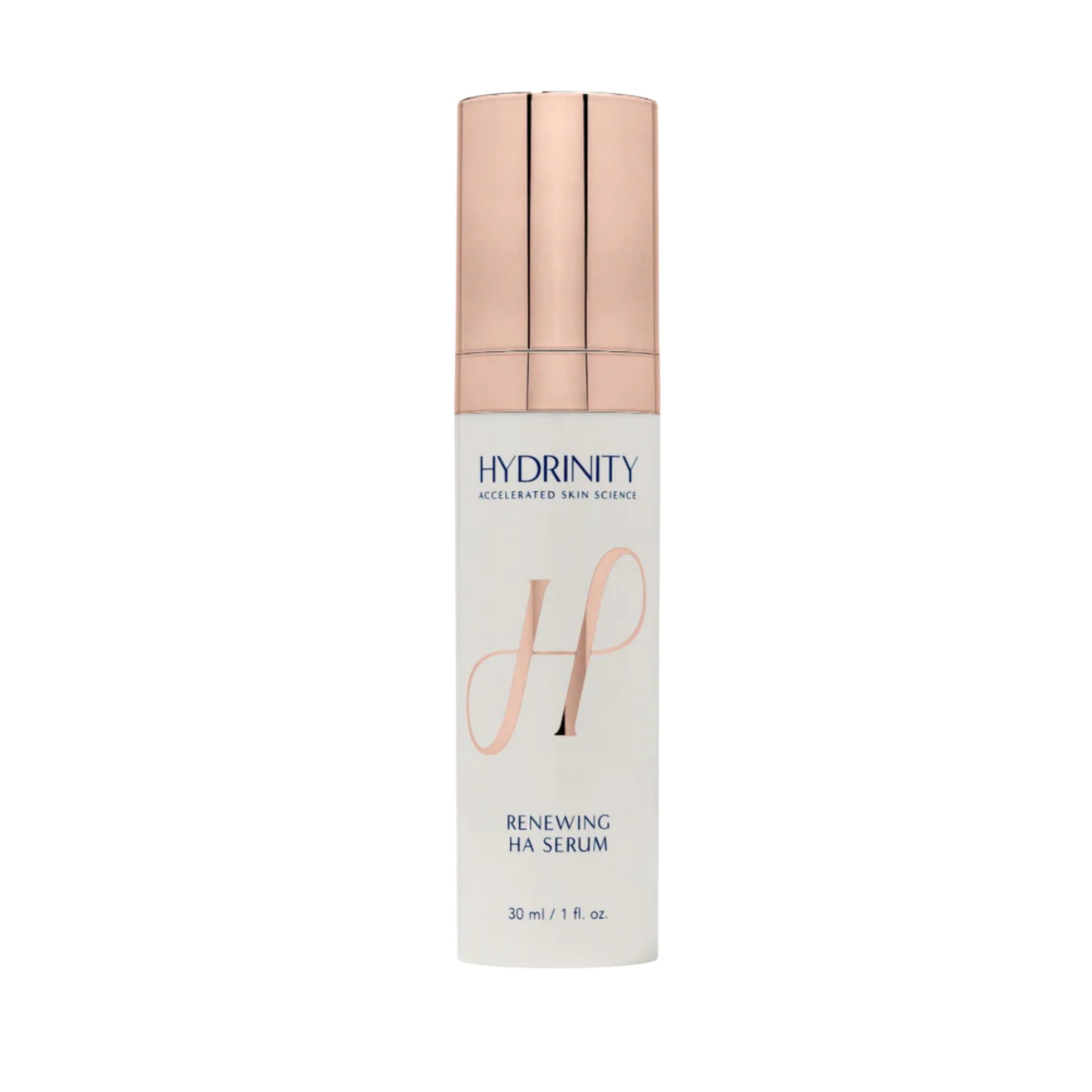 Box of Hydrinity skincare serum with a light pink and white label, and the text 'Renewing HA Serum' along with volume information '30 ml / 1 fl. oz.'.