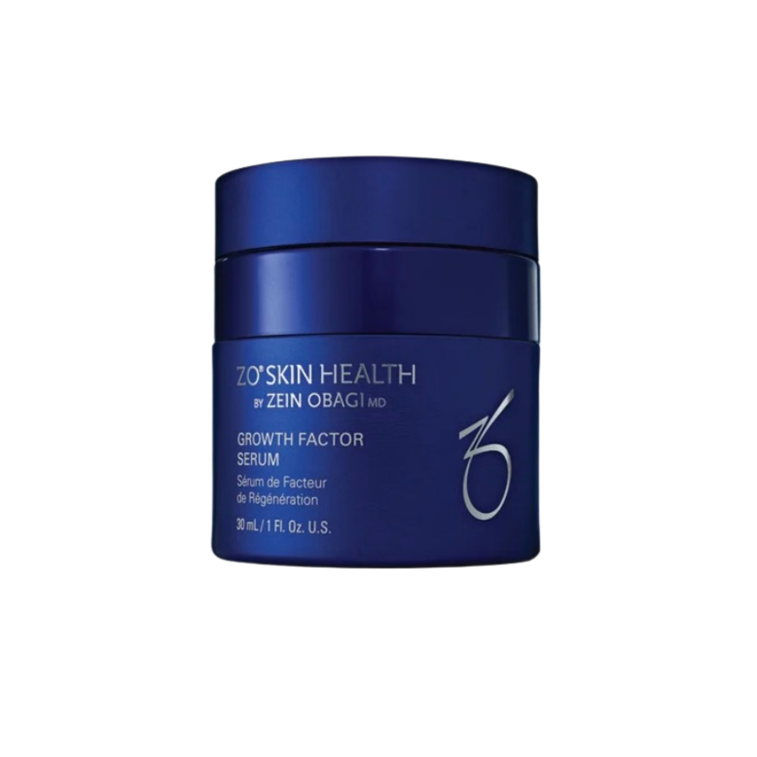 A blue bottle labeled 'ZO Skin Health by Zein Obagi MD' containing a growth factor serum.