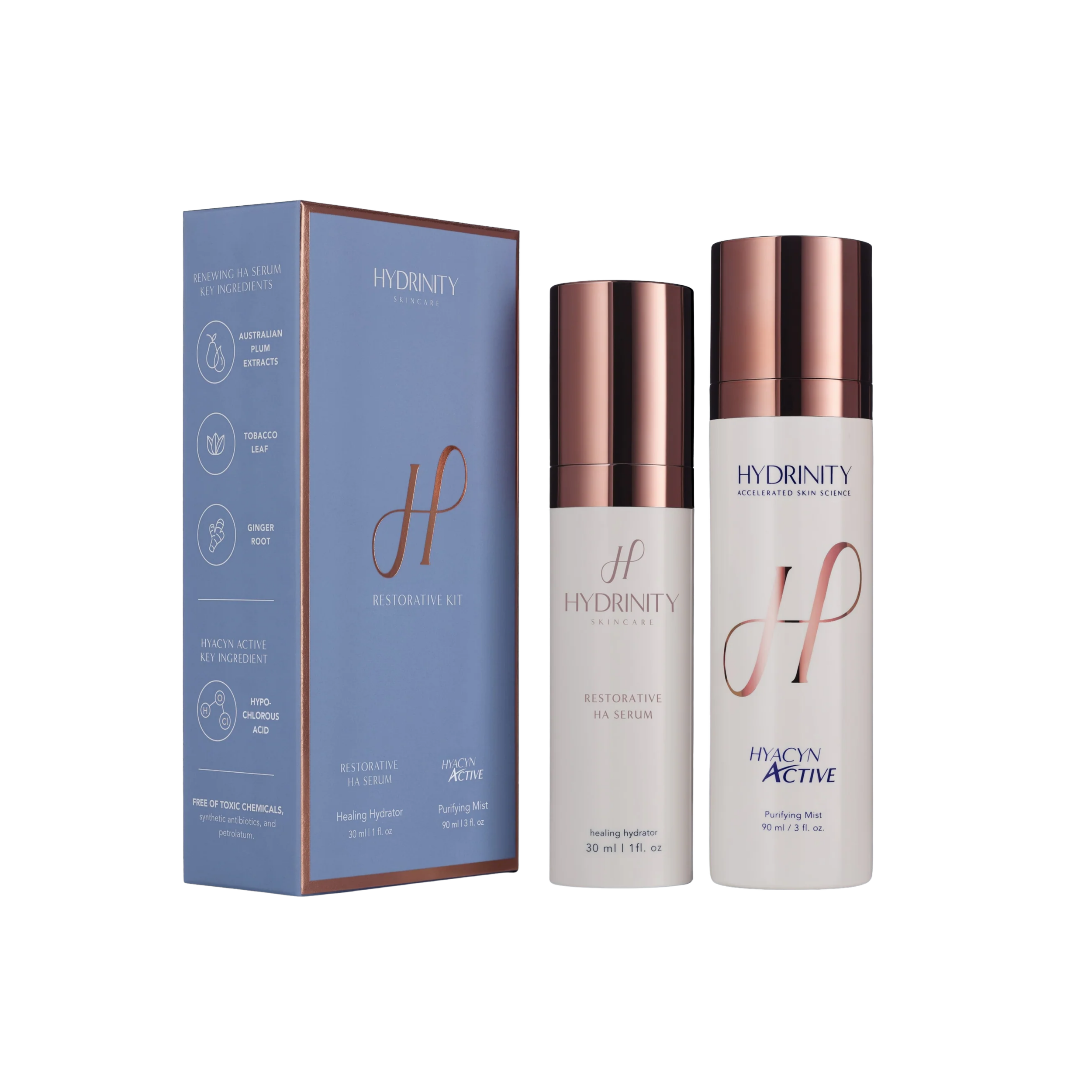 Box and bottles of Hydrinaty skincare products, including a restorative ha serum and a purifying mist with rose gold accents.